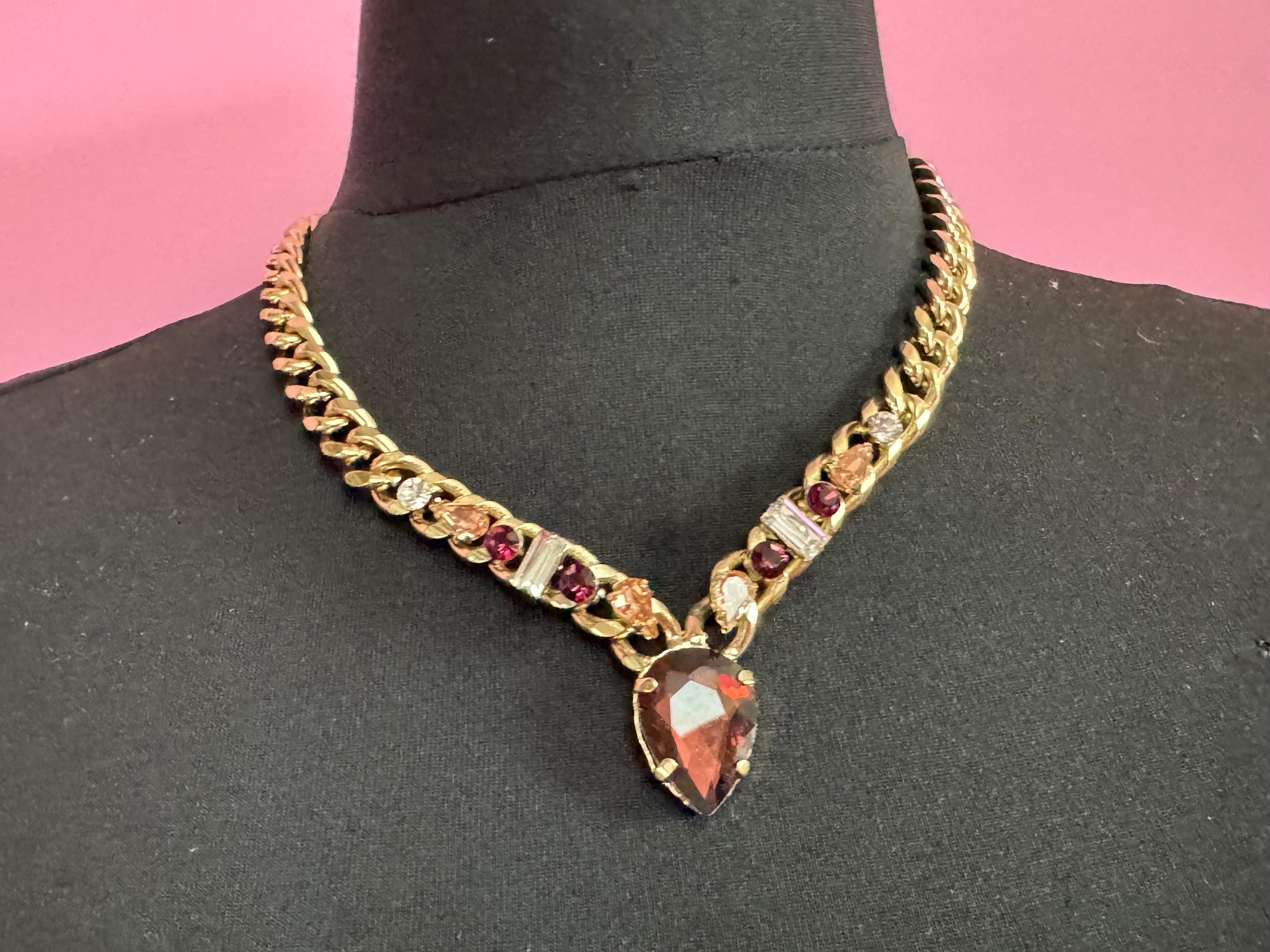 High end gold plated amethyst crystal drop necklace, chunky curb link signed