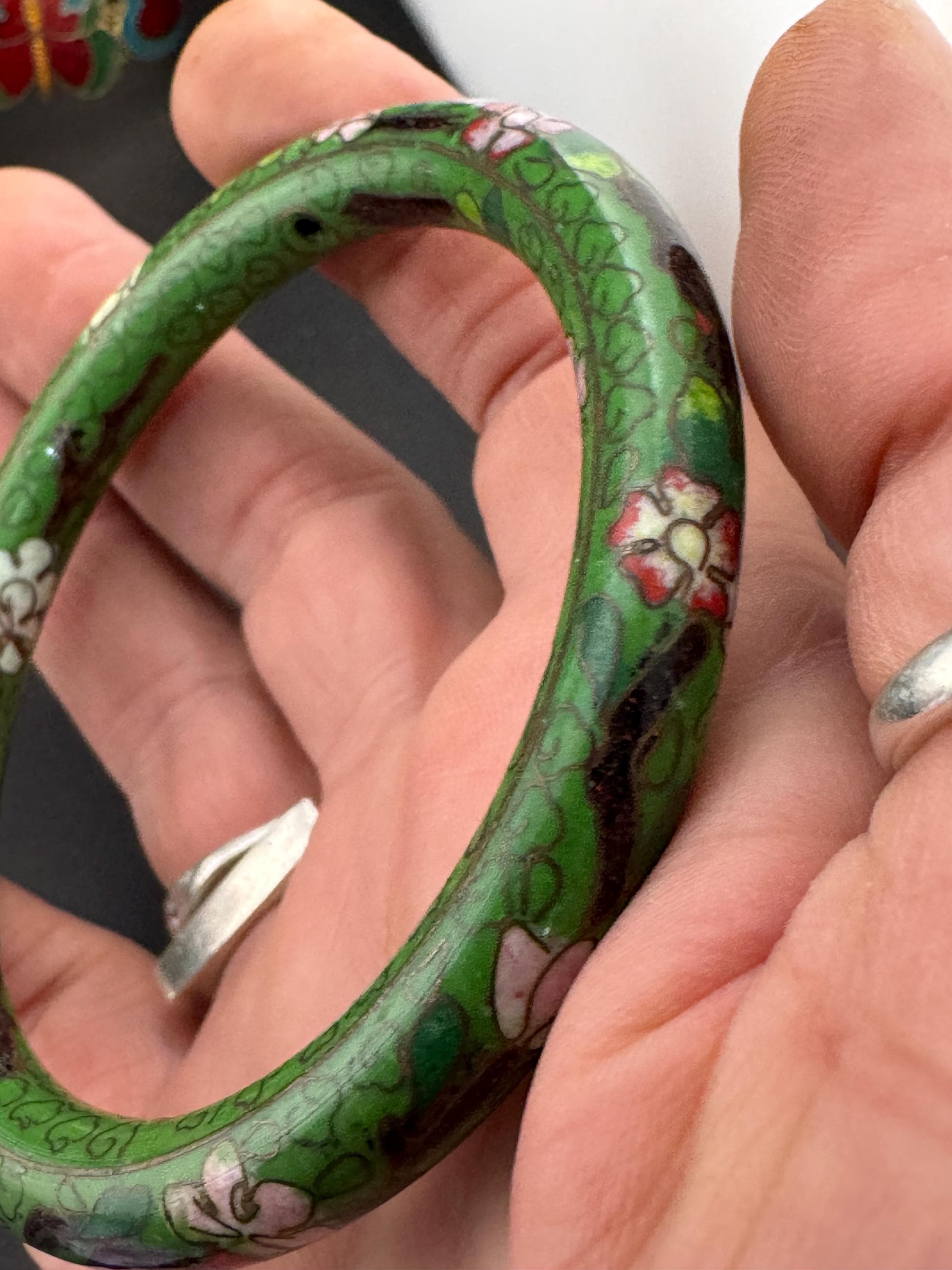 Vintage Green Cloisonné Enamel Bangle, pink flowers