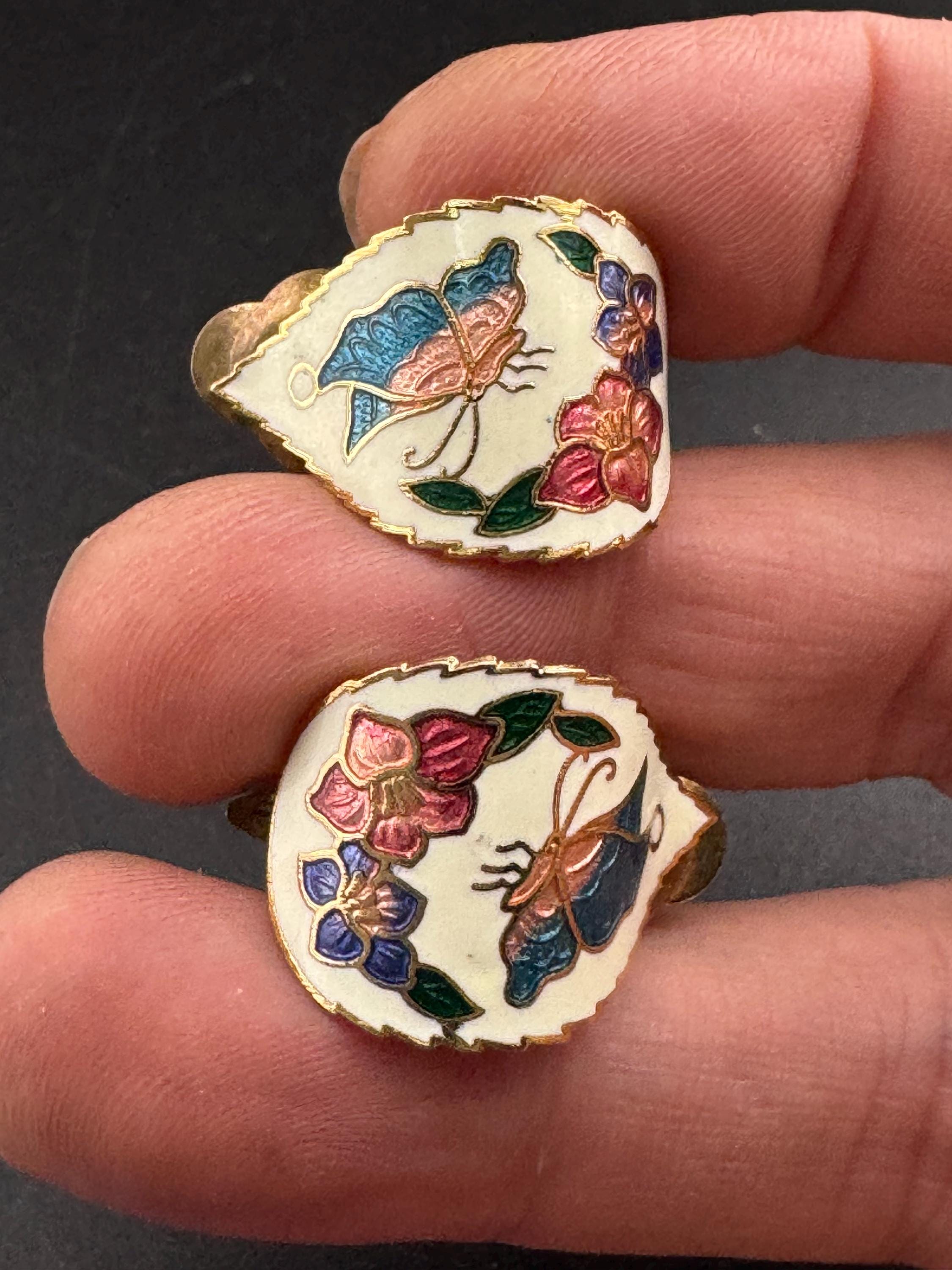 Vintage Cloisonné Enamel Clip On butterfly Earrings: Geometric Half Hoop, white Gold Tone