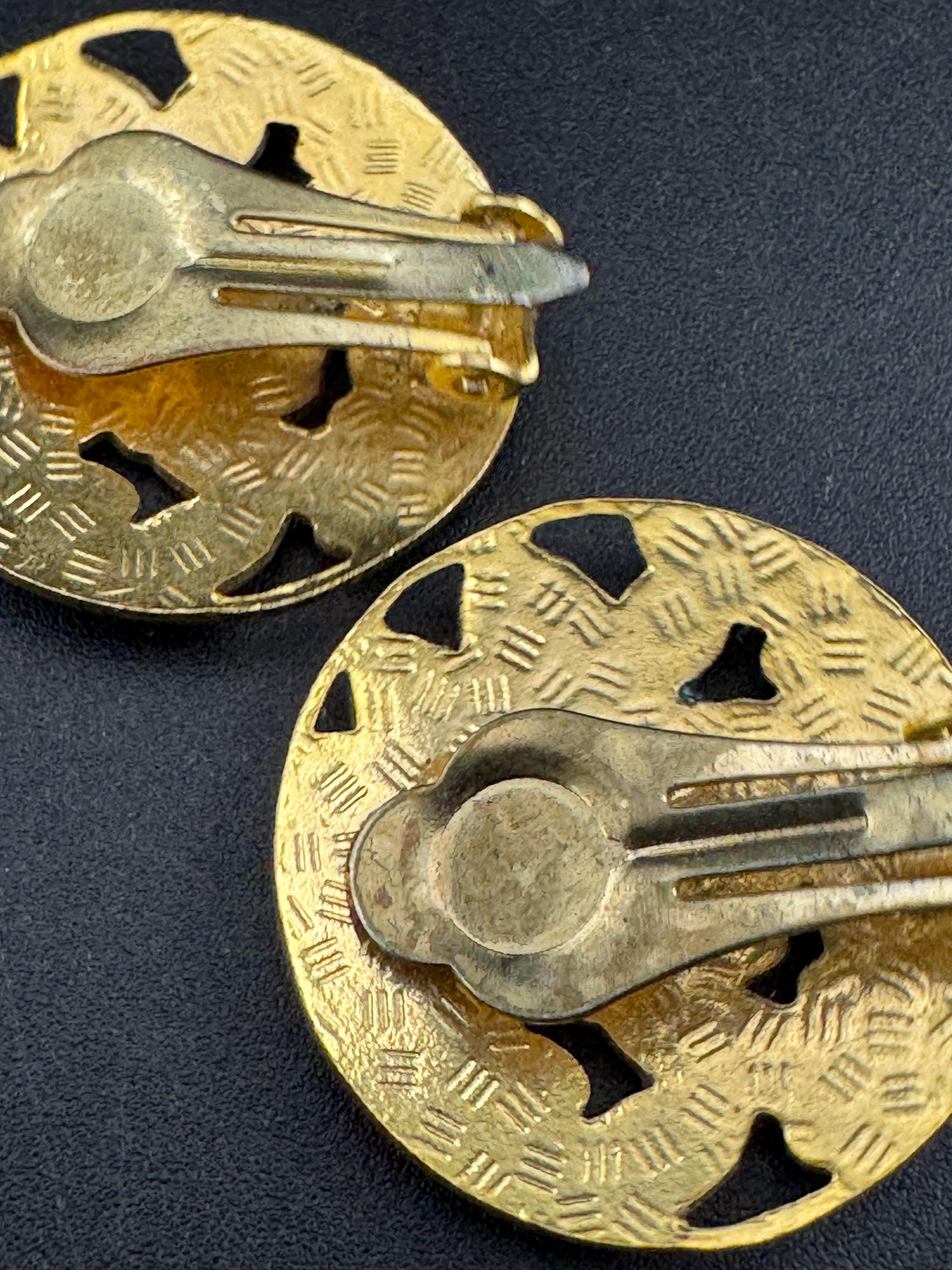 Vintage blue enamel clip on cloisonné  enamel earrings, floral design gold tone