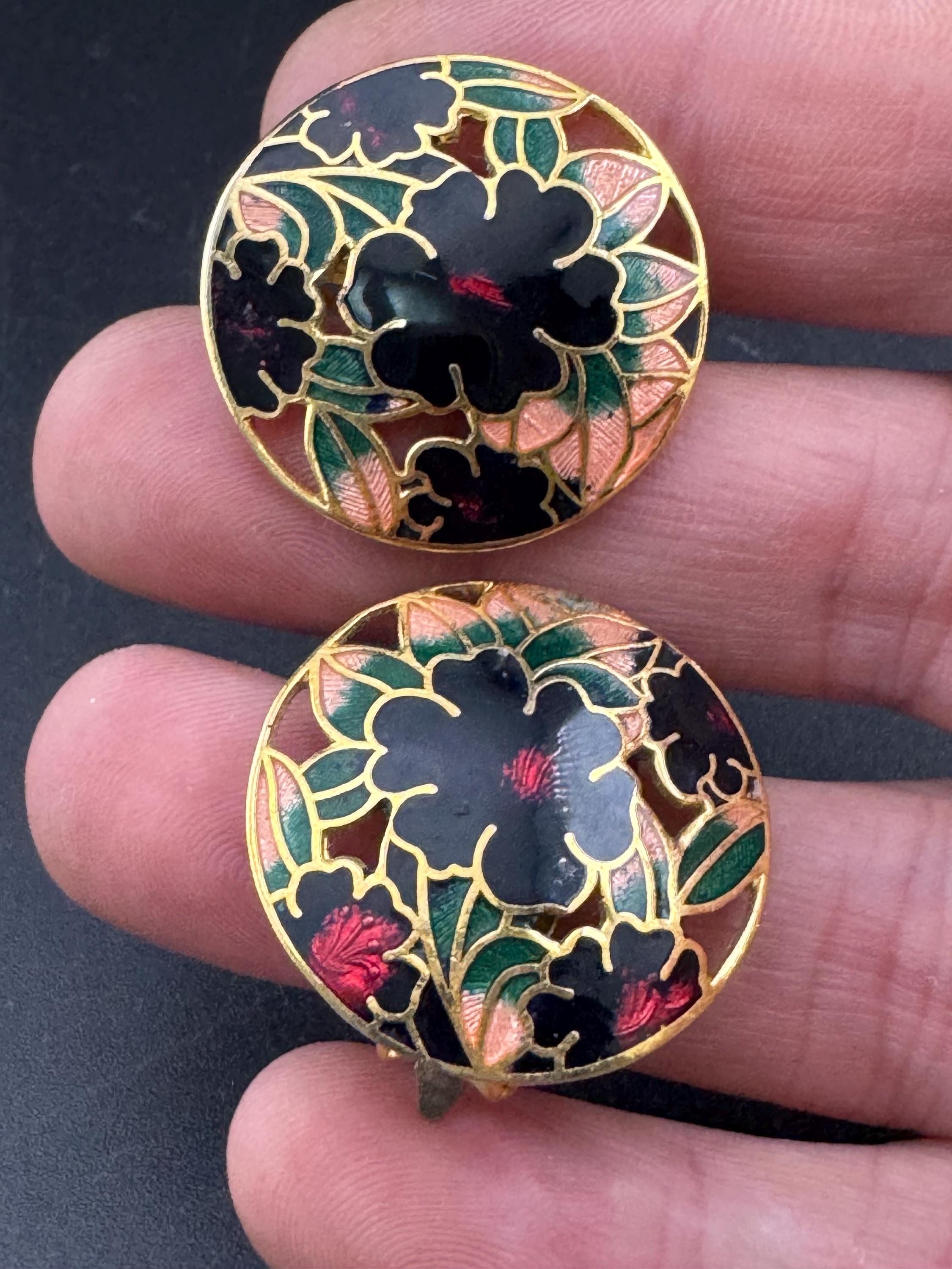 Vintage blue enamel clip on cloisonné  enamel earrings, floral design gold tone