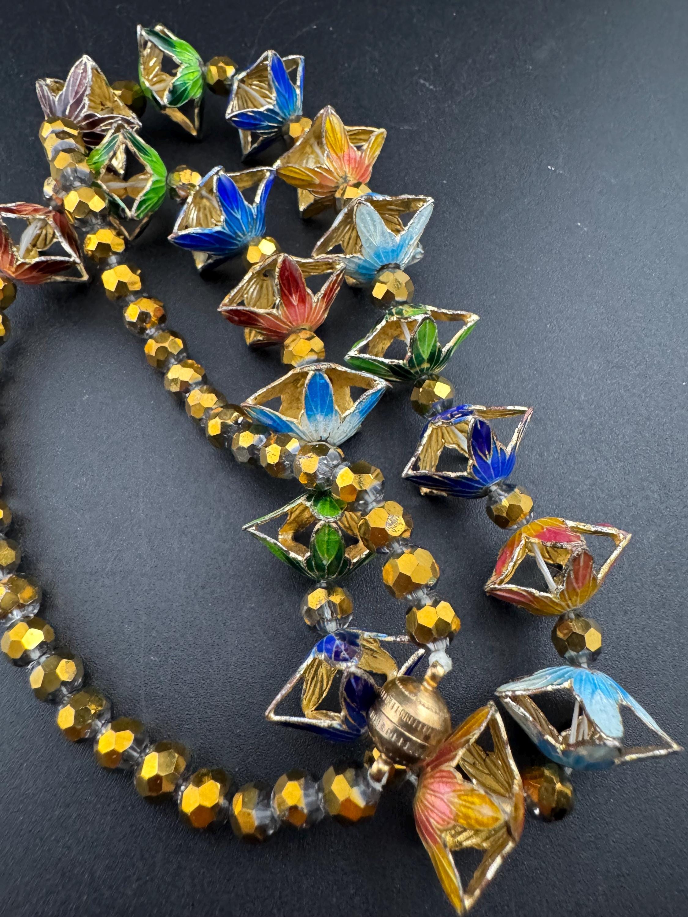 Vintage coloured Chinese cloisonné enamel floral beaded necklace, gold tone