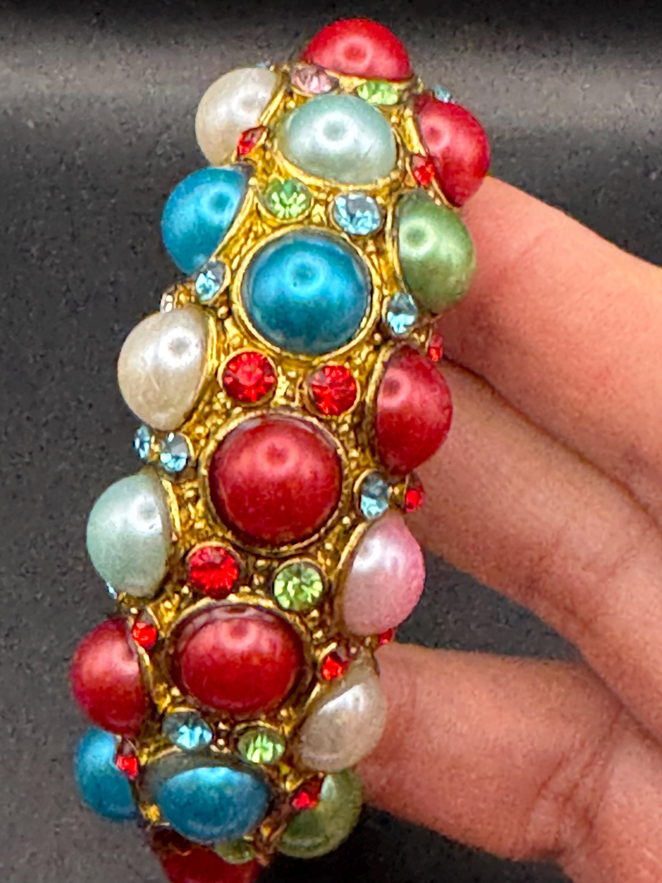 Retro pearl cabochon Clamper Bangle Bracelet. Green, Blue, Red & rhinestones