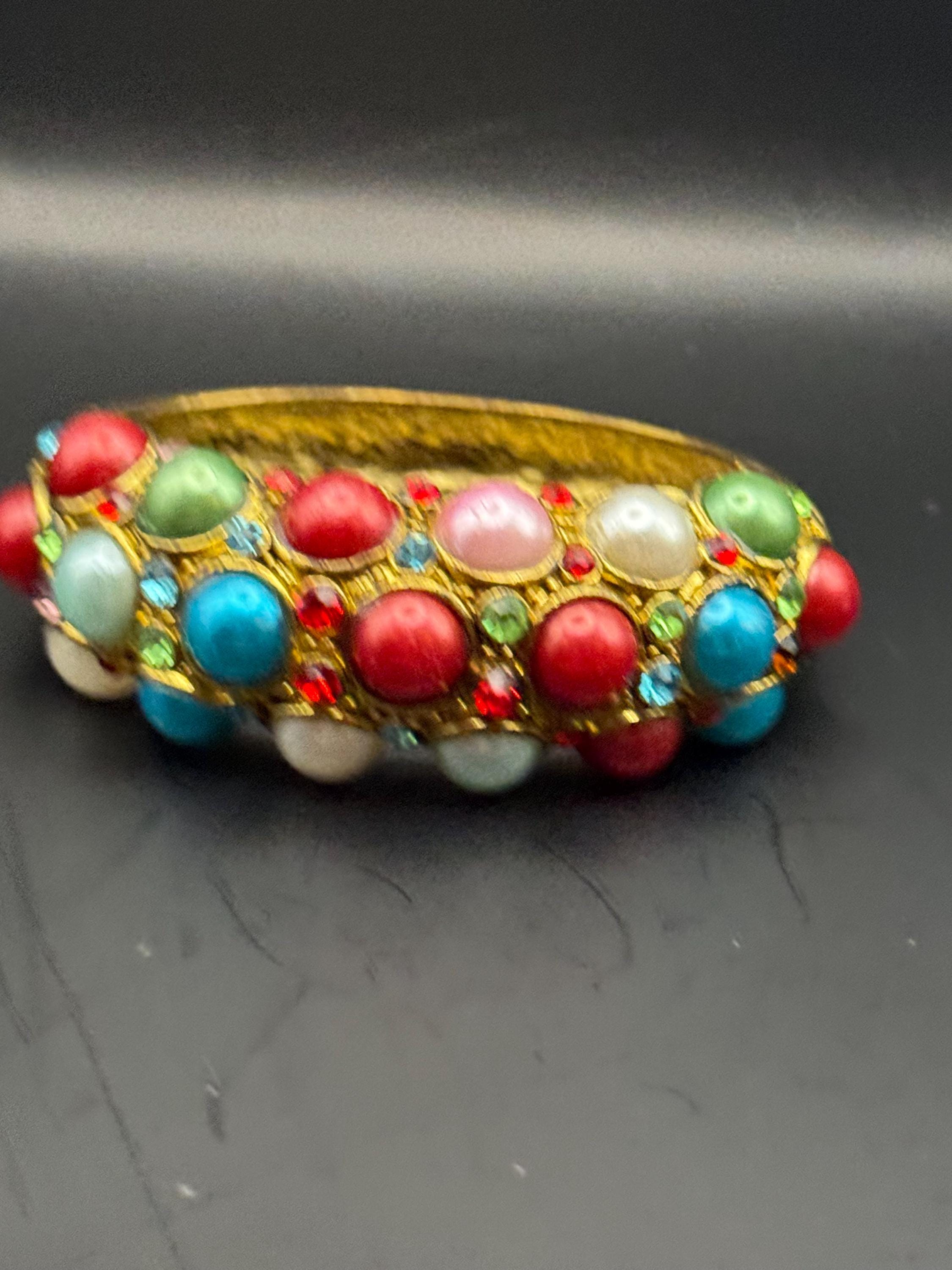 Retro pearl cabochon Clamper Bangle Bracelet. Green, Blue, Red & rhinestones
