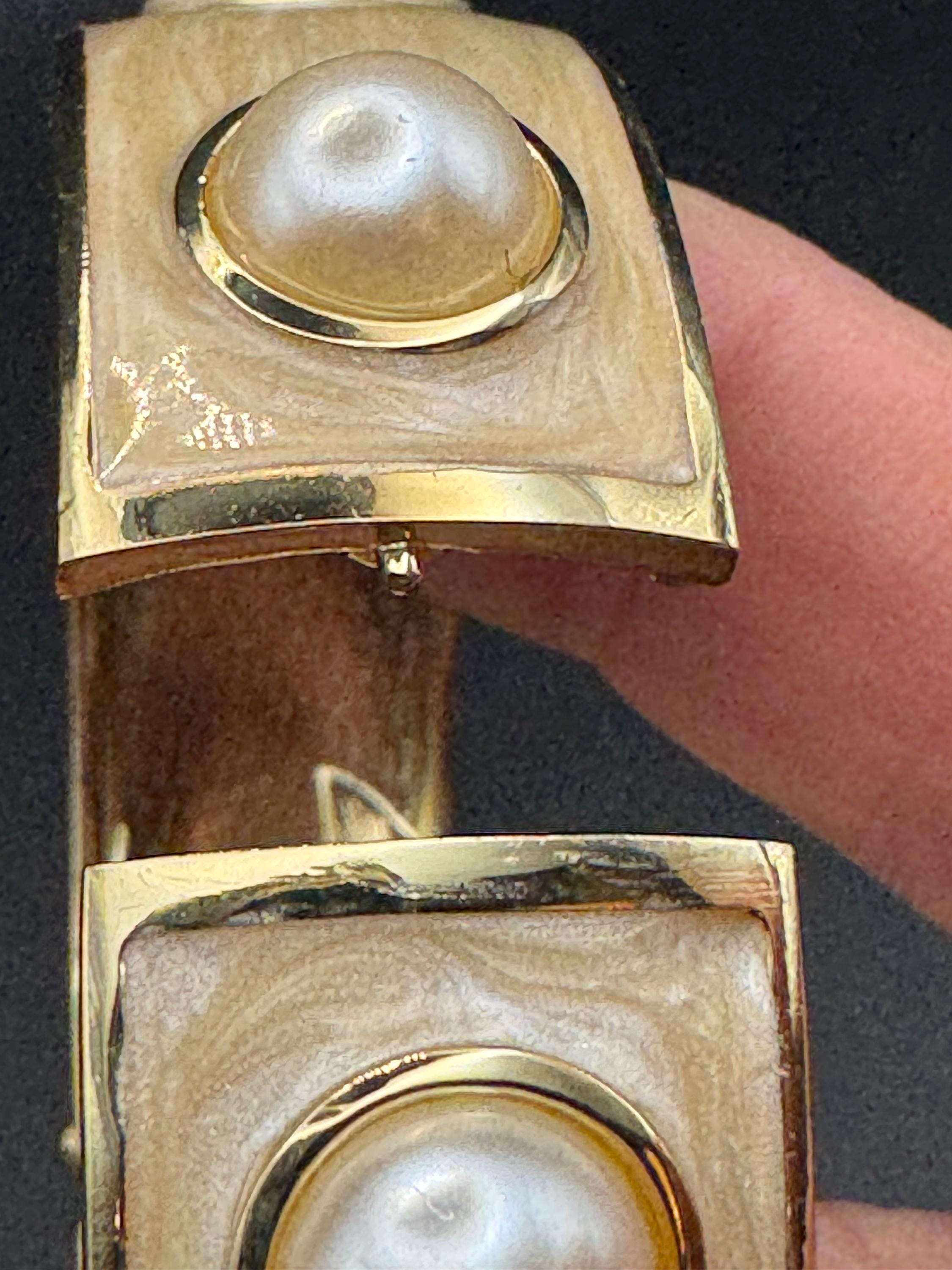 Retro pearl cabochon cream enamel Clamper Bangle Bracelet.