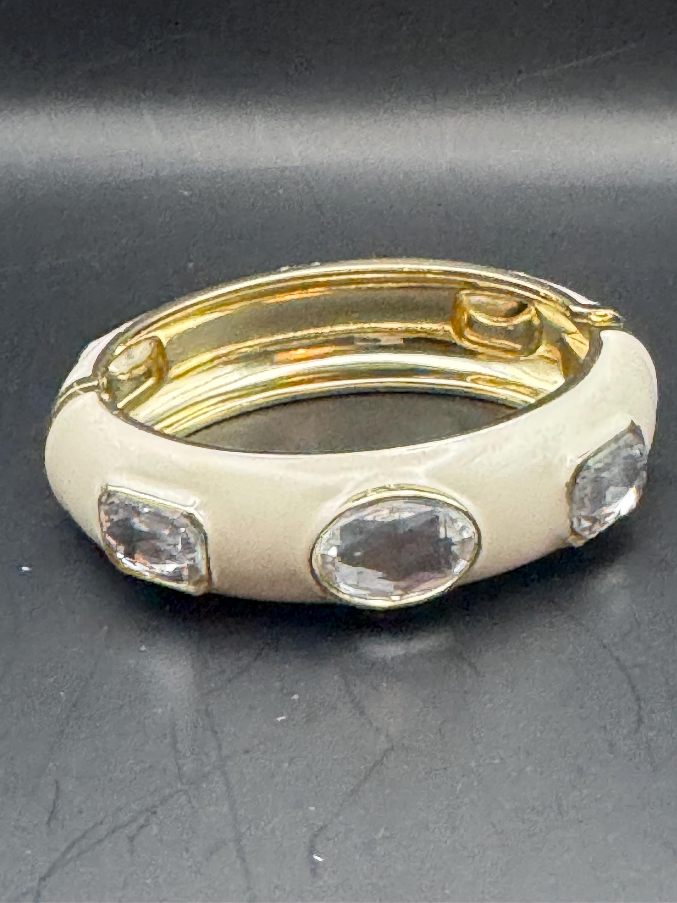 Retro clear crystal cabochon cream enamel Clamper Bangle, diamanté Bracelet.
