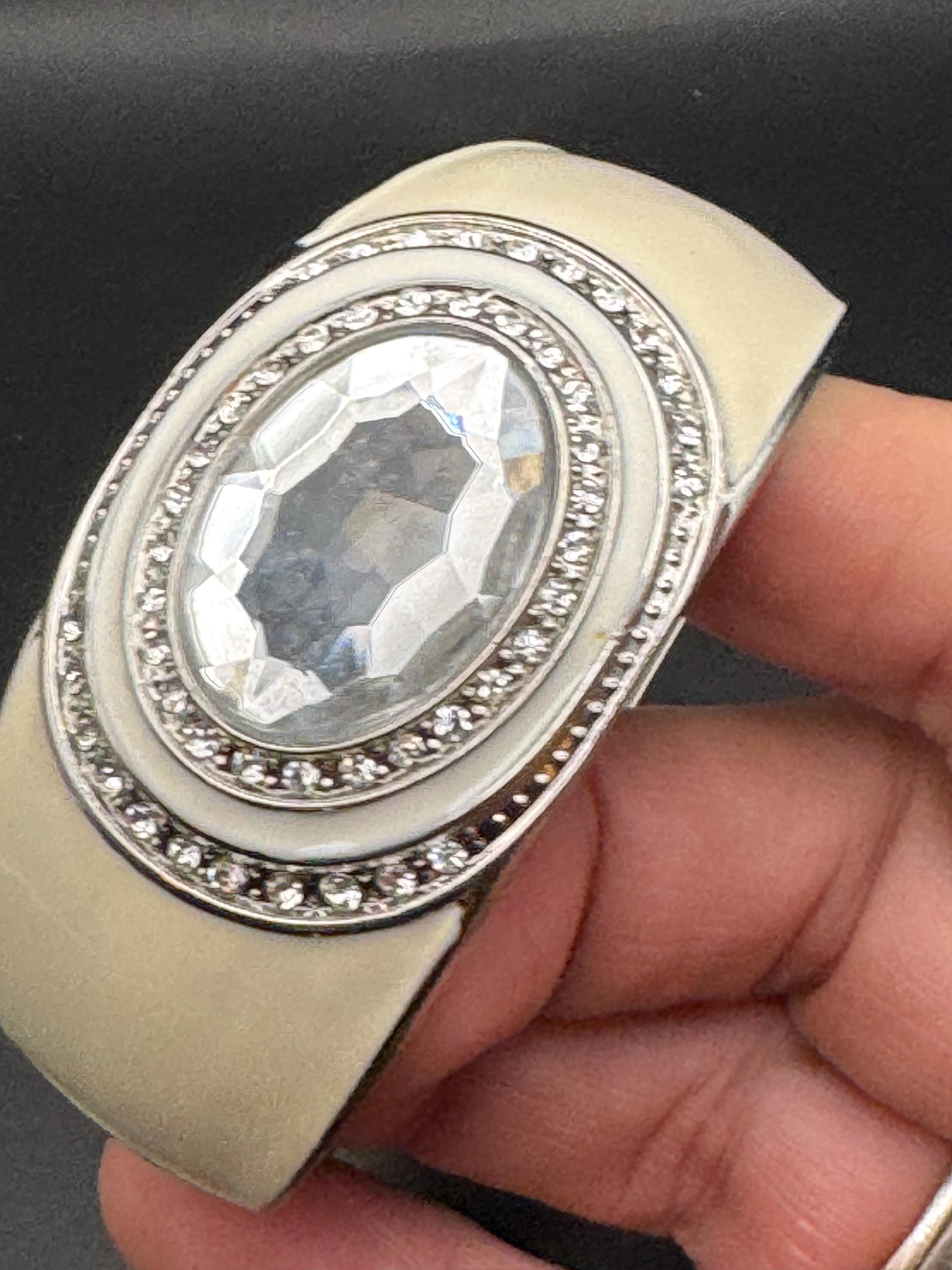 Retro clear crystal cabochon cream enamel Clamper Bangle, silver diamanté Bracelet.
