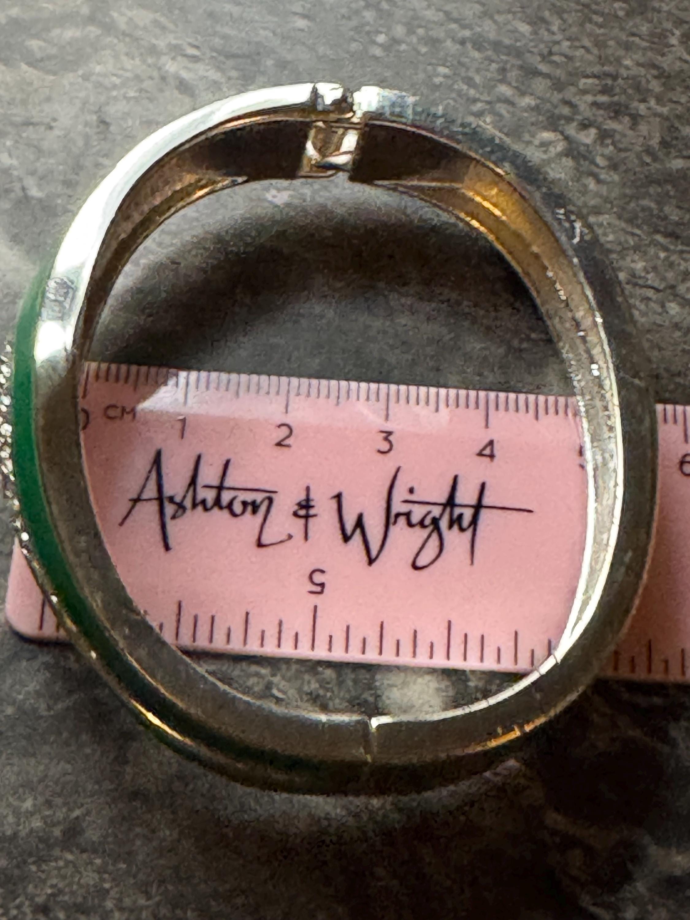 Retro diamanté green enamel Clamper Bangle, silver rhinestone Bracelet.