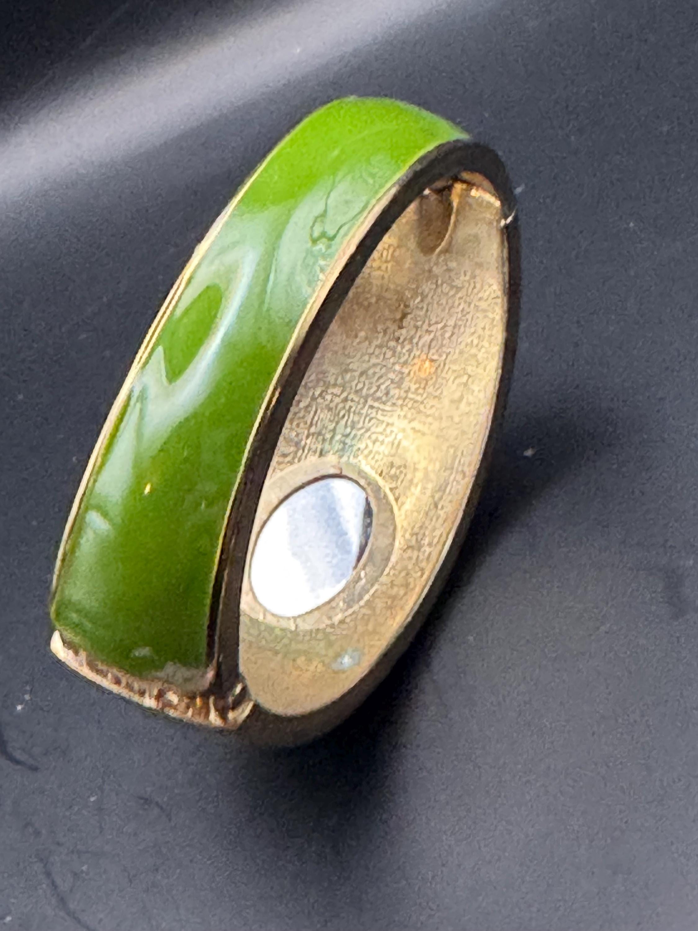 Retro olive green crystal cabochon enamel Clamper Bangle, gold diamanté Bracelet.