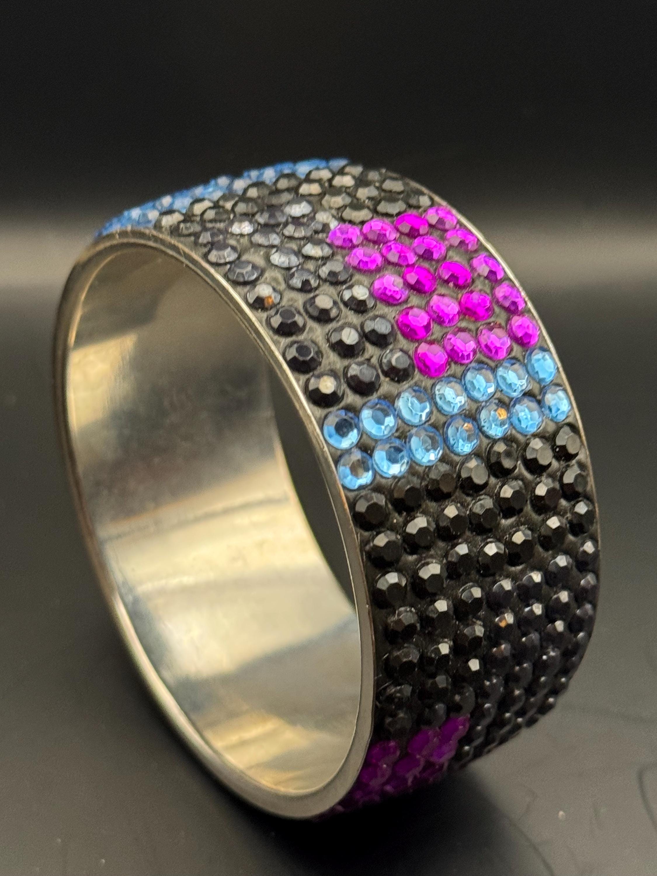Black purple blue wide rhinestone fixed bangle bracelet