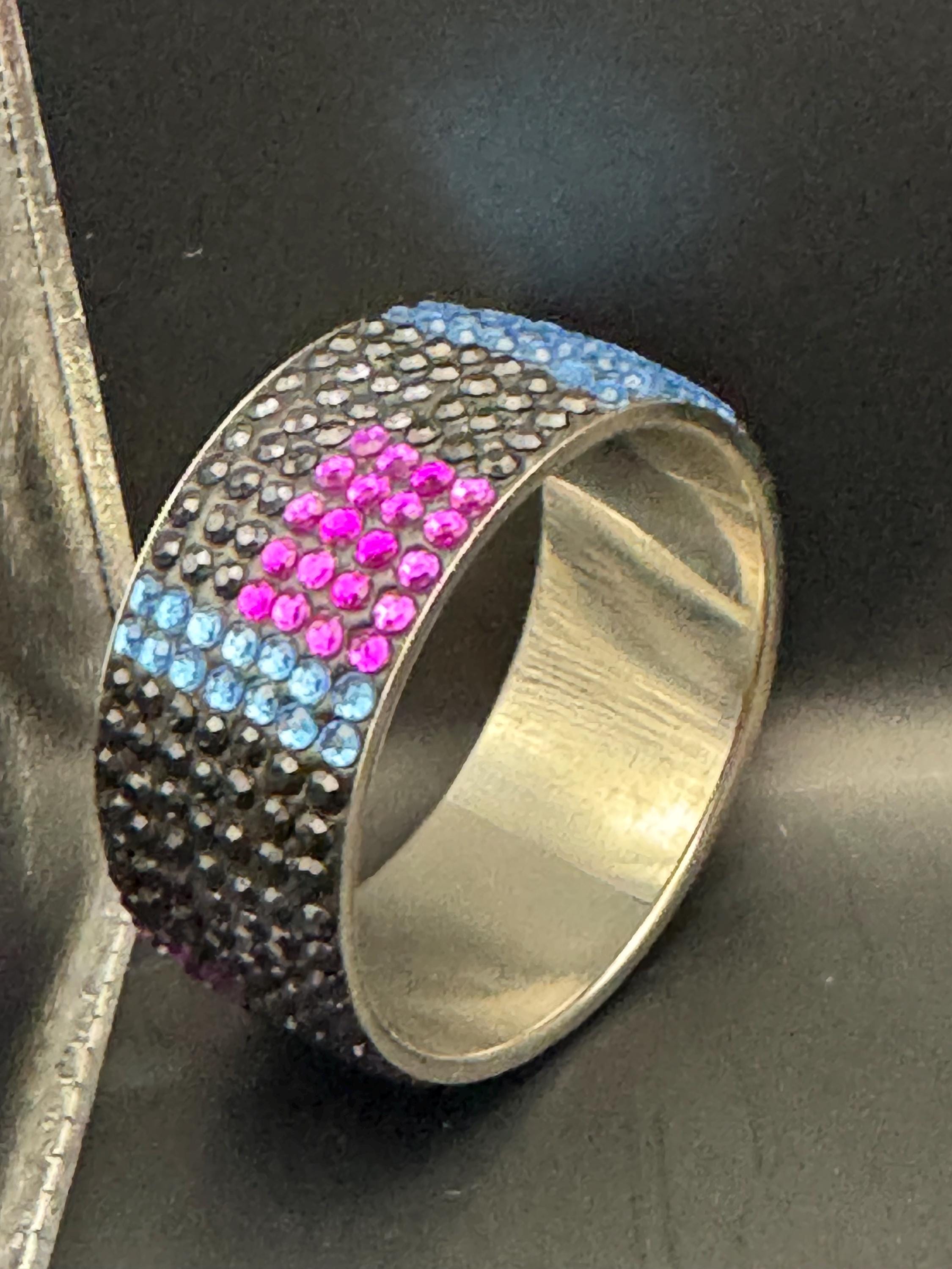 Black purple blue wide rhinestone fixed bangle bracelet