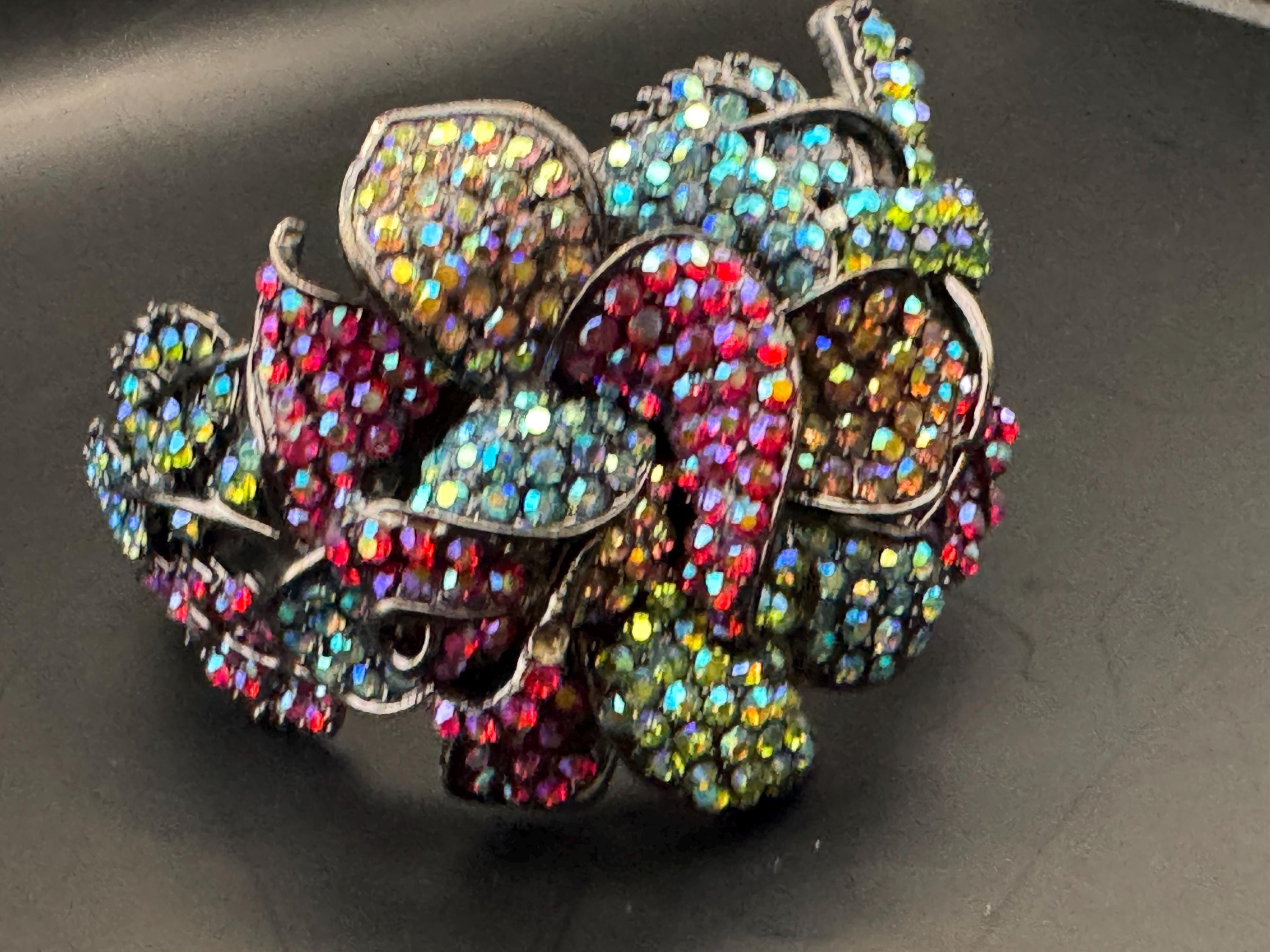 Oversized diamanté Clamper Bangle, pink blue ab crystal dark silver tone rhinestone Bracelet.