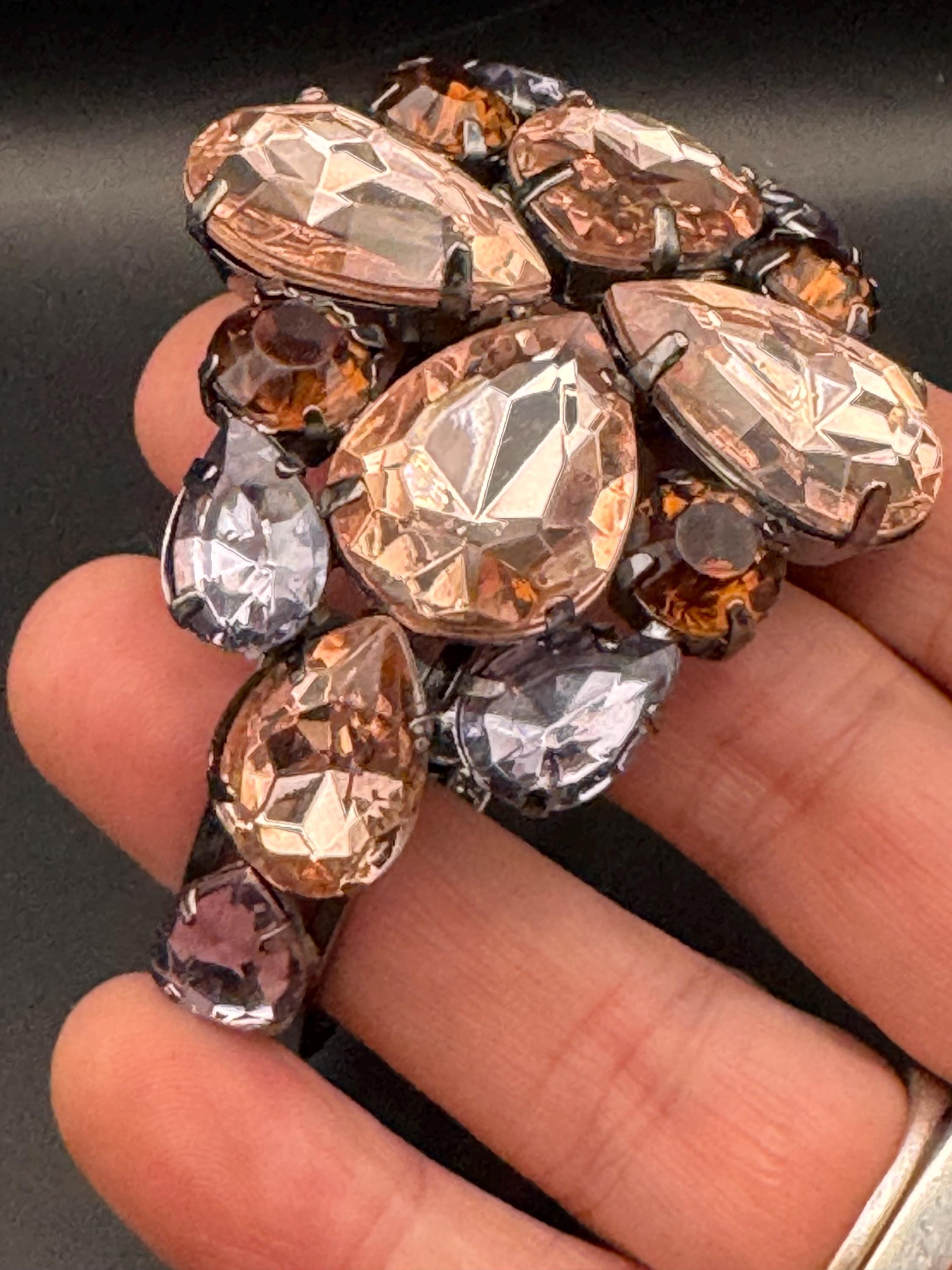 brown citrine glass rhinestone clamper bangle, Vintage crystal diamanté bracelet