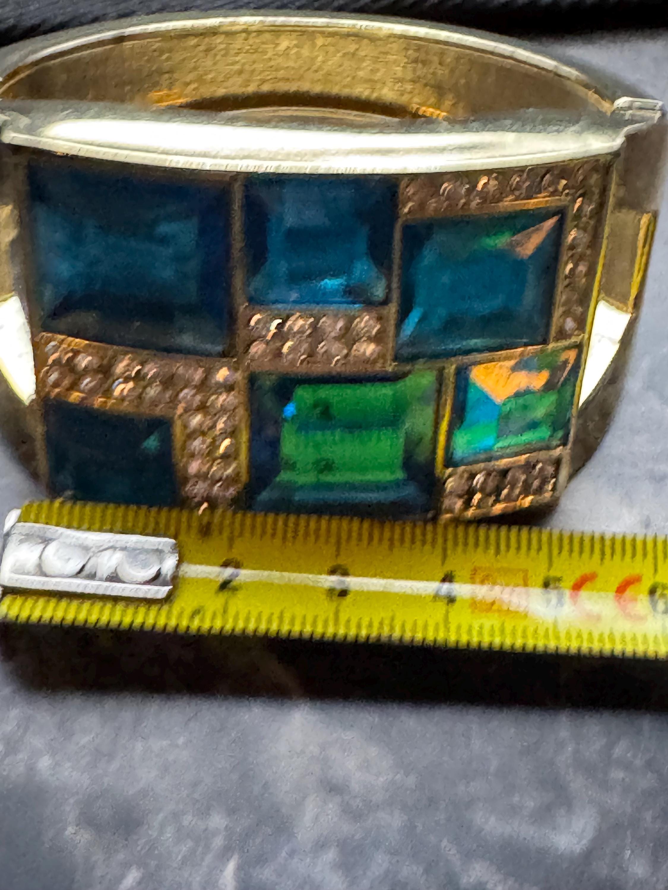 Blue Acrylic and glass rhinestone clamper bangle, gold tone art deco geometric diamanté bracelet