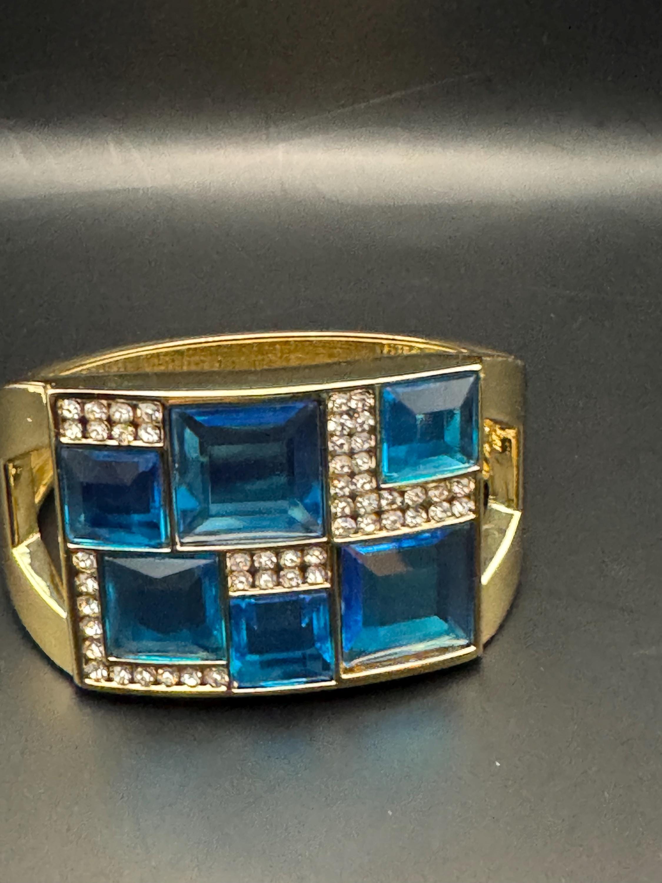 Blue Acrylic and glass rhinestone clamper bangle, gold tone art deco geometric diamanté bracelet