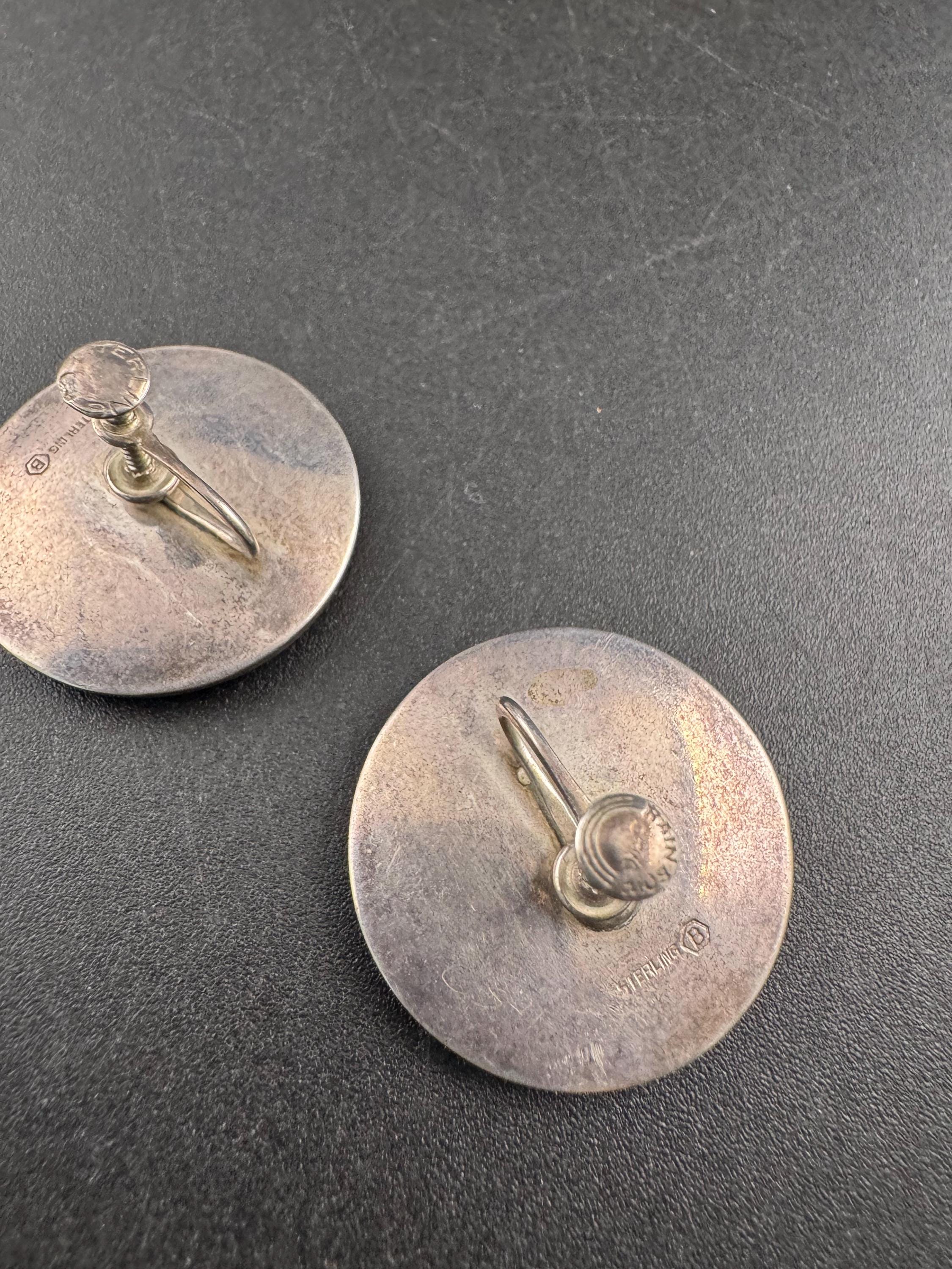 Vintage large disc earrings, 925 sterling silver clip on screw backs