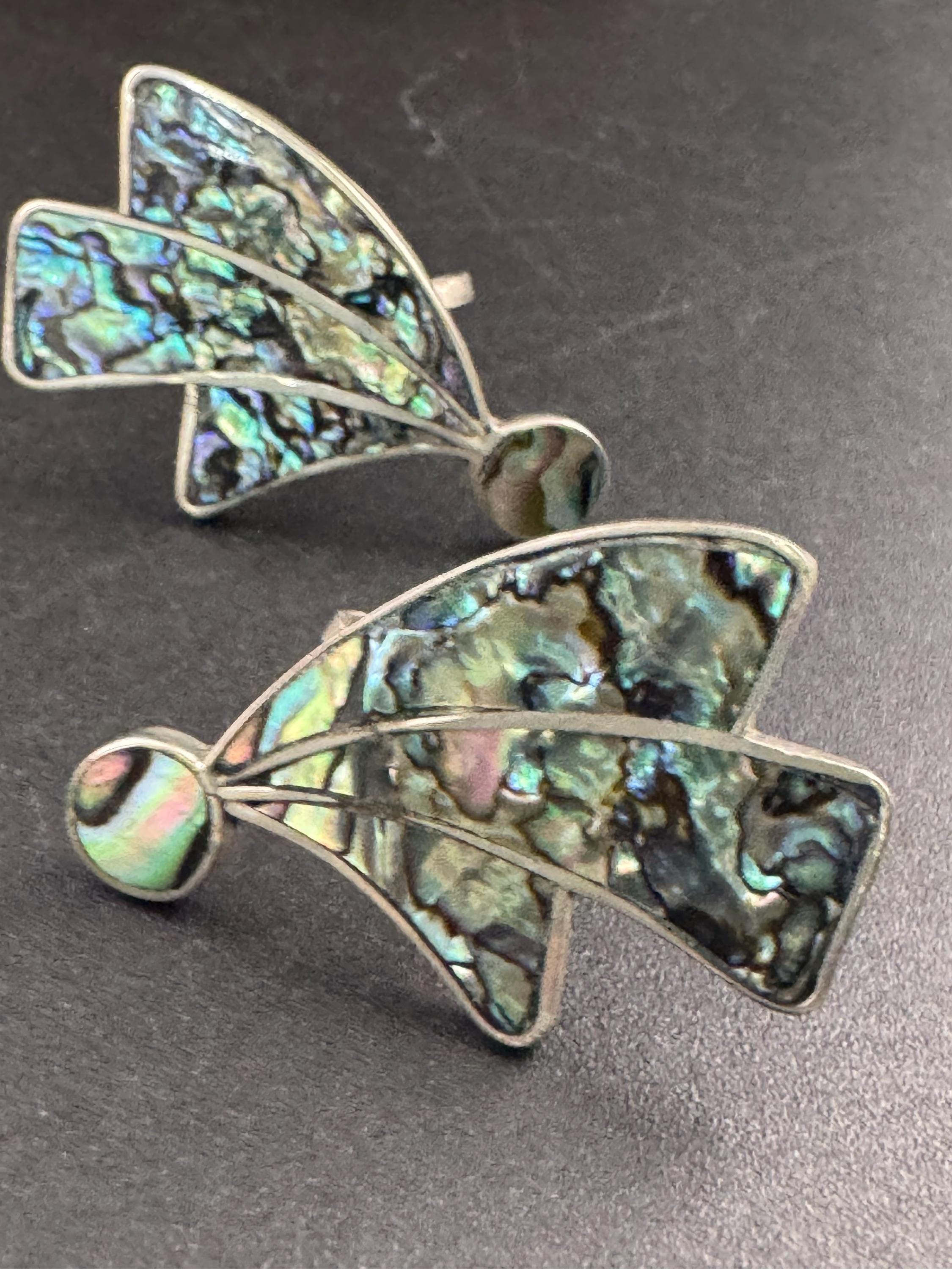 Vintage signed EB 950 abalone shell oversized earrings, Mexican sterling silver clip on screw backs