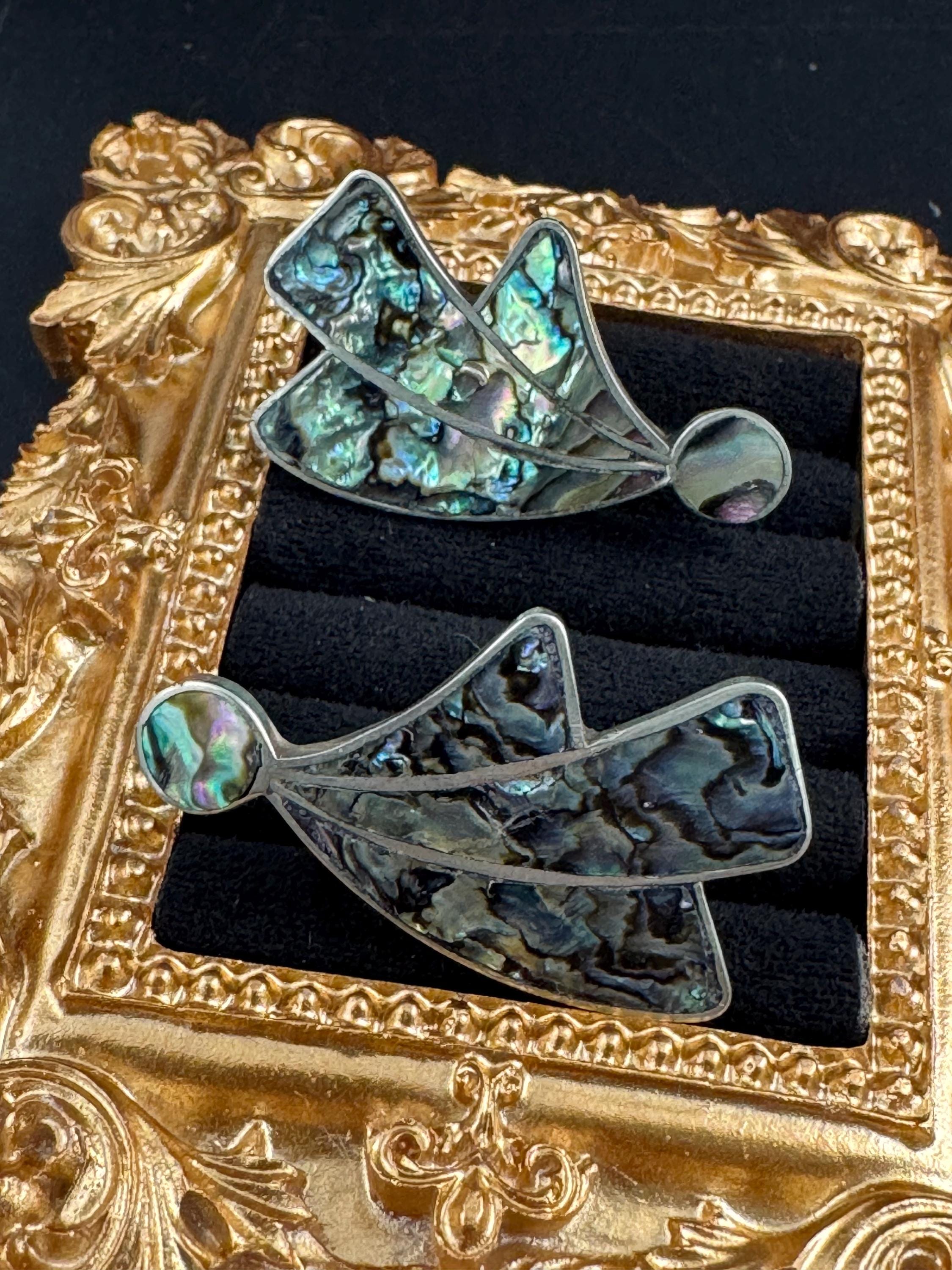 Vintage signed EB 950 abalone shell oversized earrings, Mexican sterling silver clip on screw backs