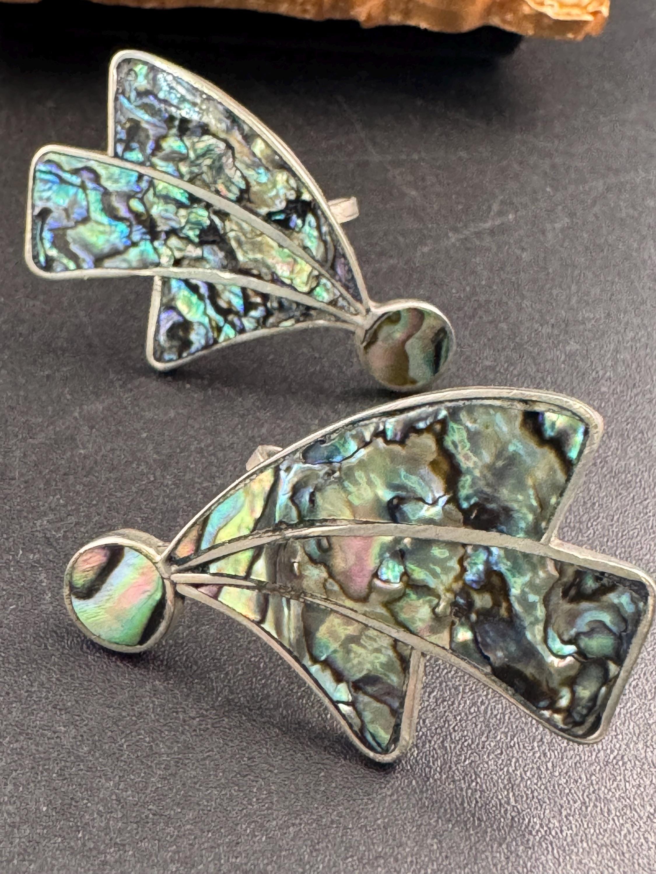 Vintage signed EB 950 abalone shell oversized earrings, Mexican sterling silver clip on screw backs