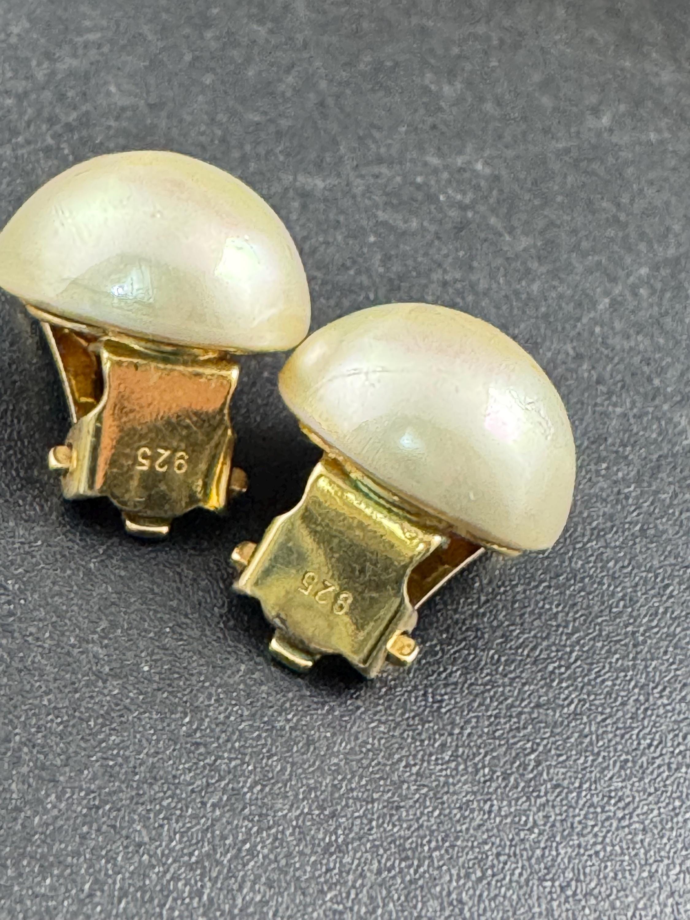 Vintage sterling silver gilt faux button pearl clip on earrings 925, gold plated