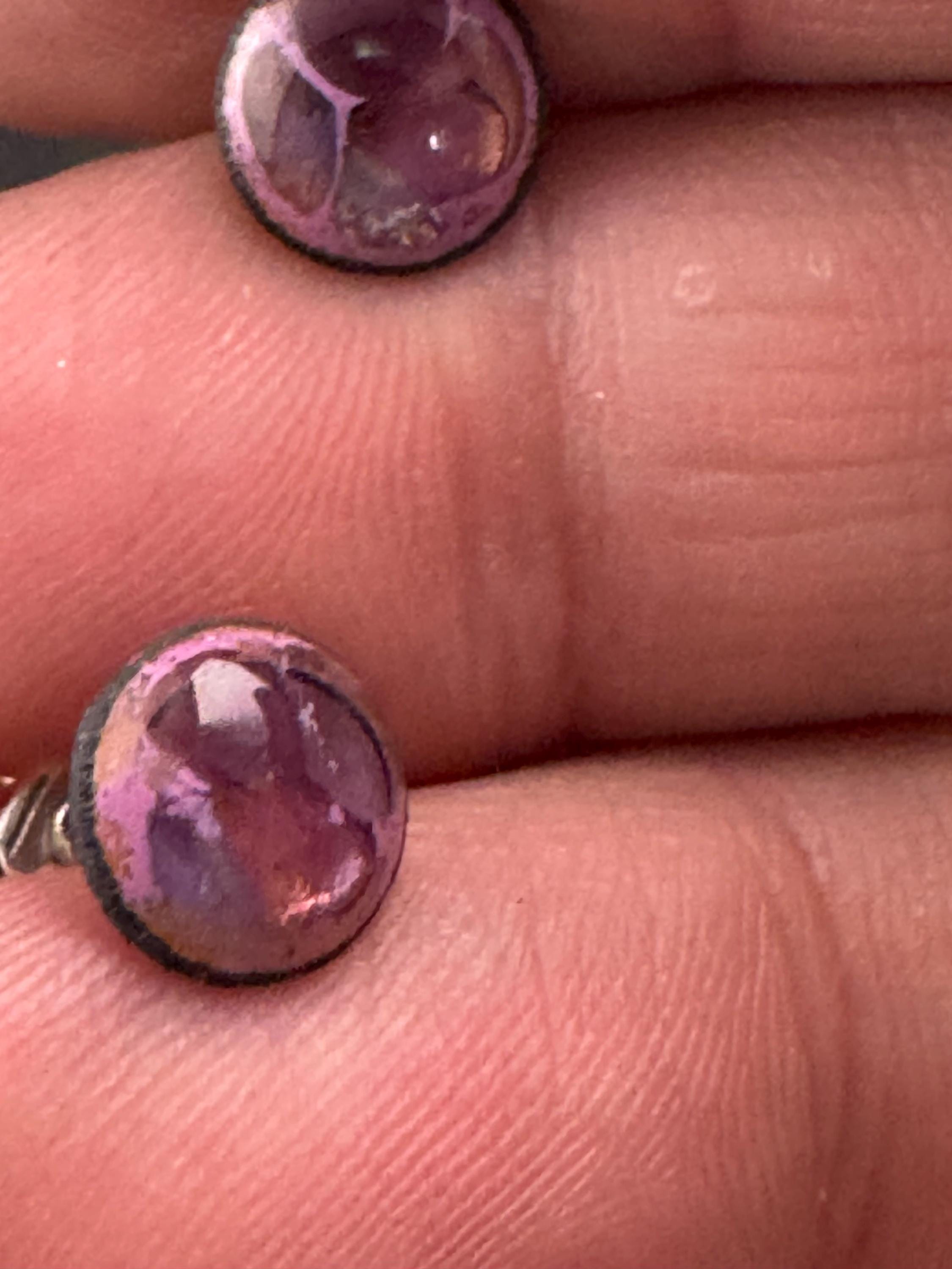 925 small round purple glass stud earrings pierced, Sterling silver dainty