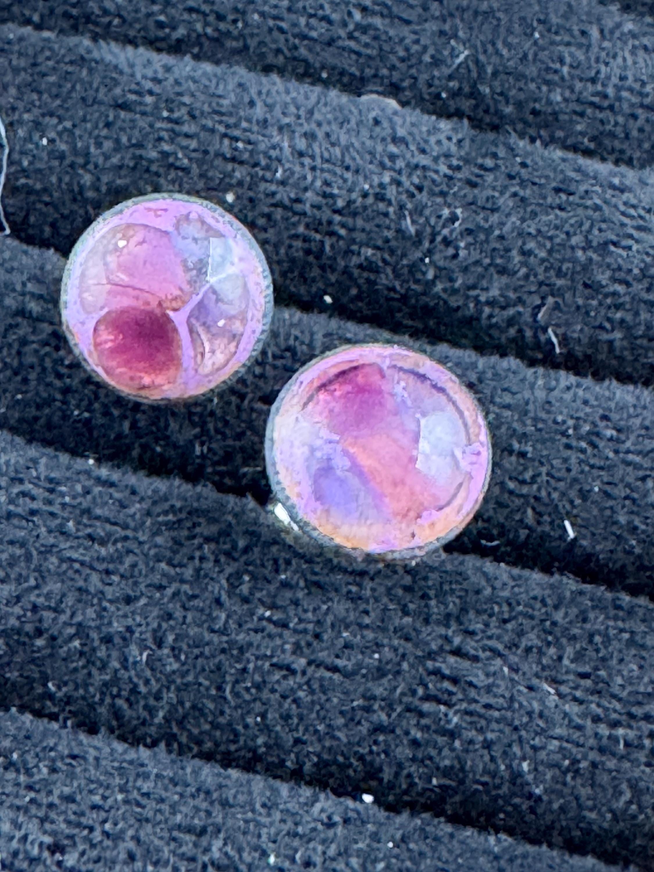 925 small round purple glass stud earrings pierced, Sterling silver dainty