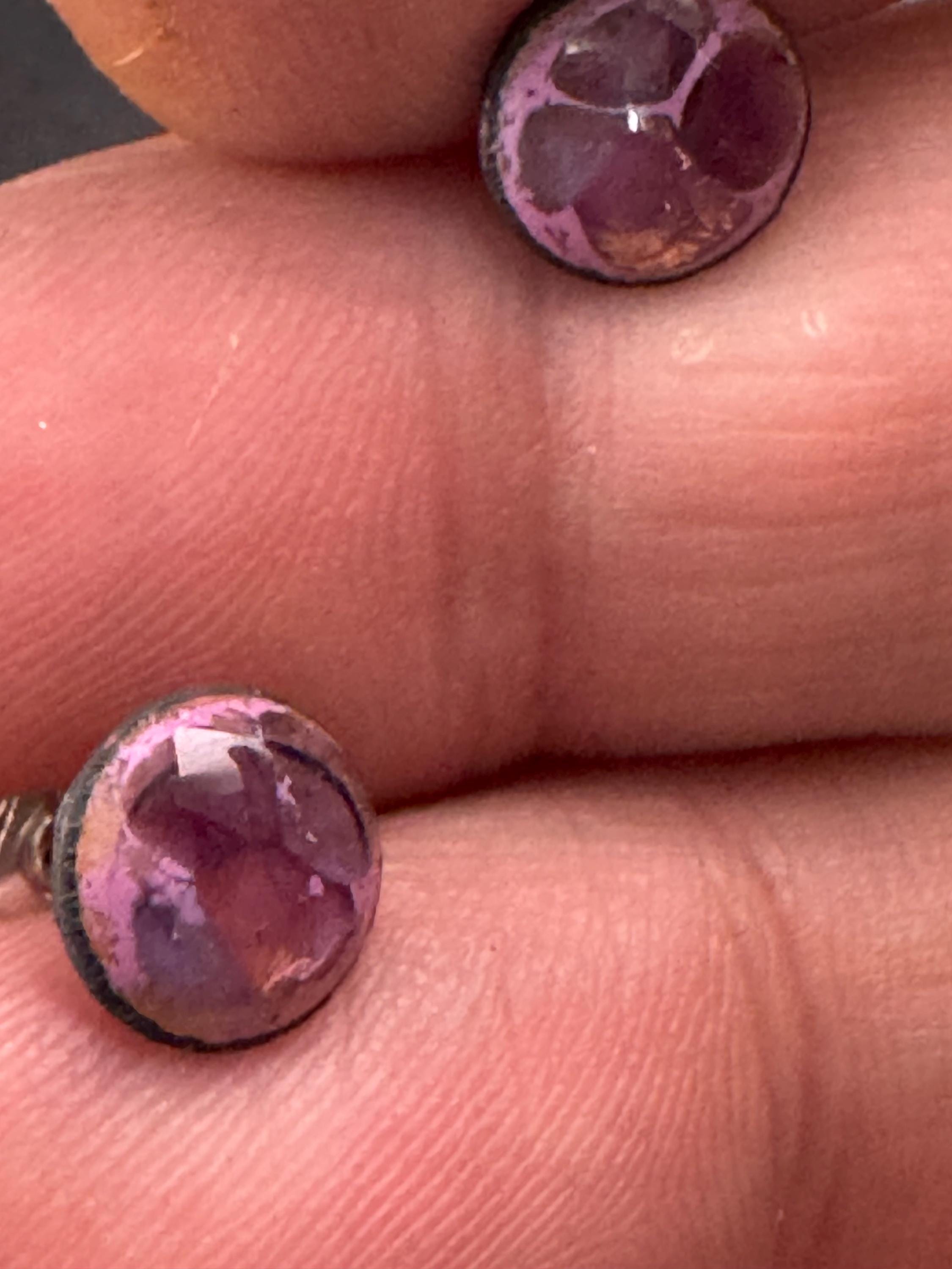 925 small round purple glass stud earrings pierced, Sterling silver dainty