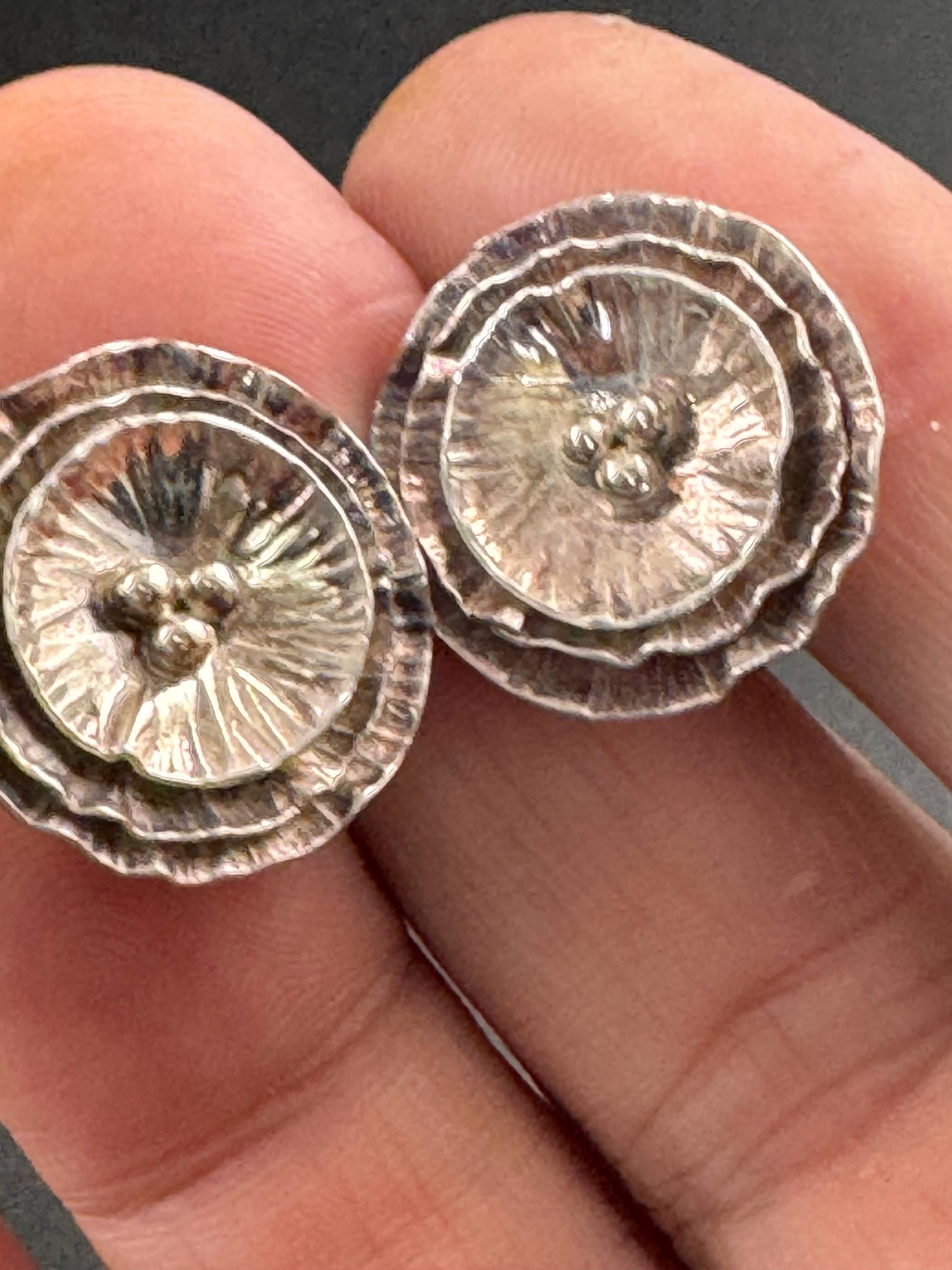Tested silver brutalist textured round earrings 925, modernist pierced studs
