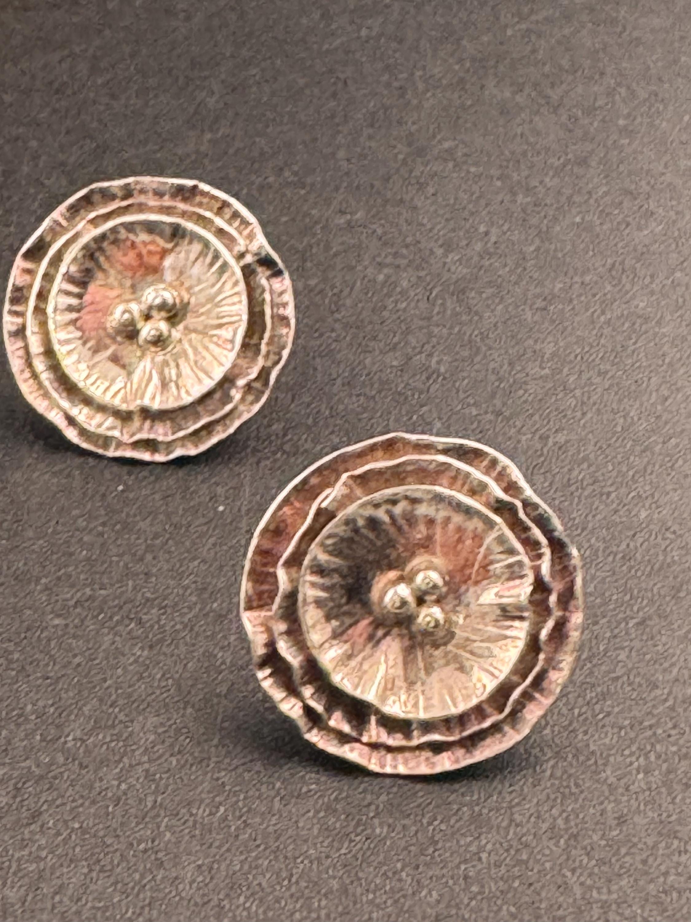 Tested silver brutalist textured round earrings 925, modernist pierced studs