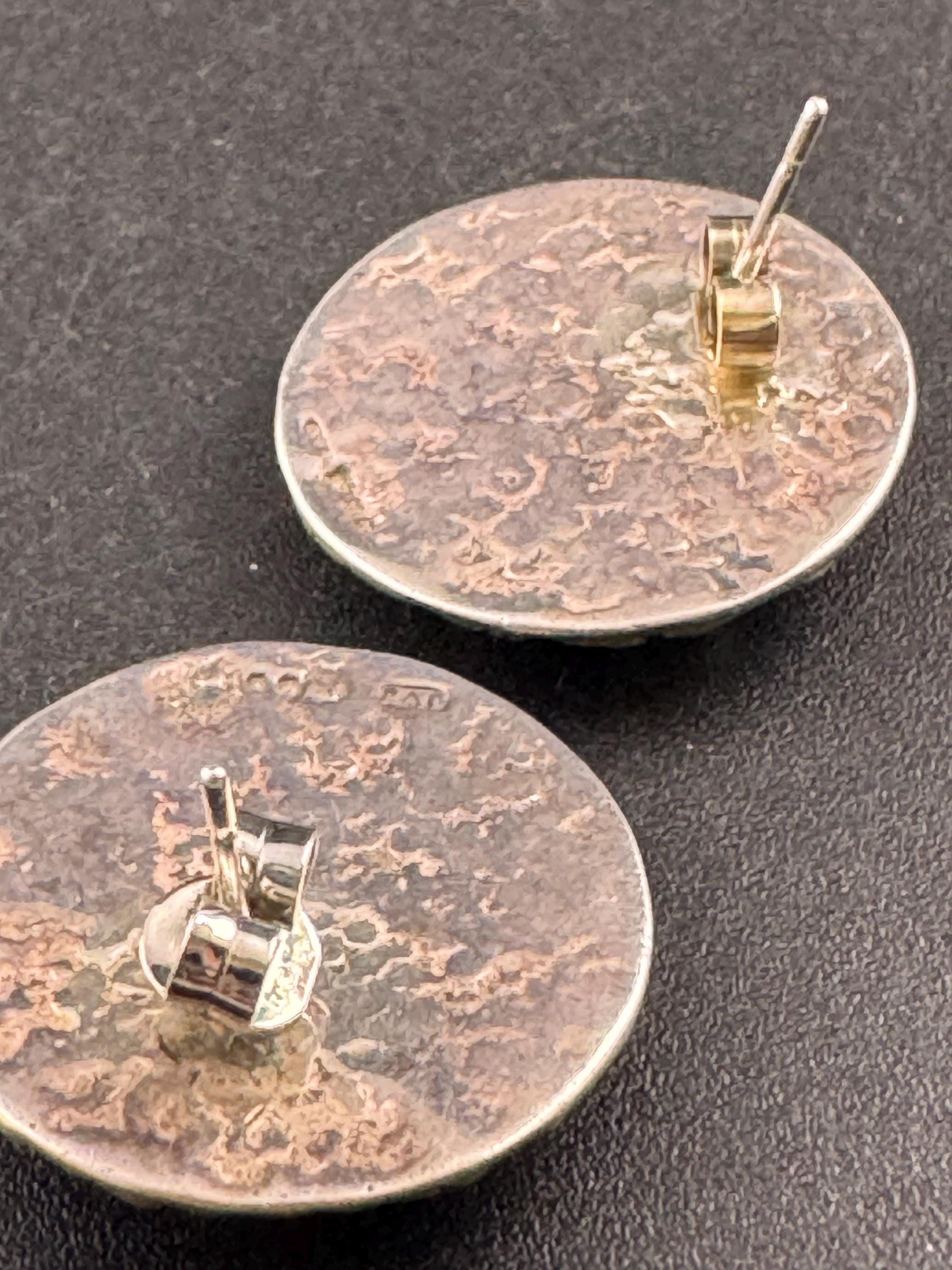 925 silver brutalist textured round earrings , modernist pierced studs fully hallmarked