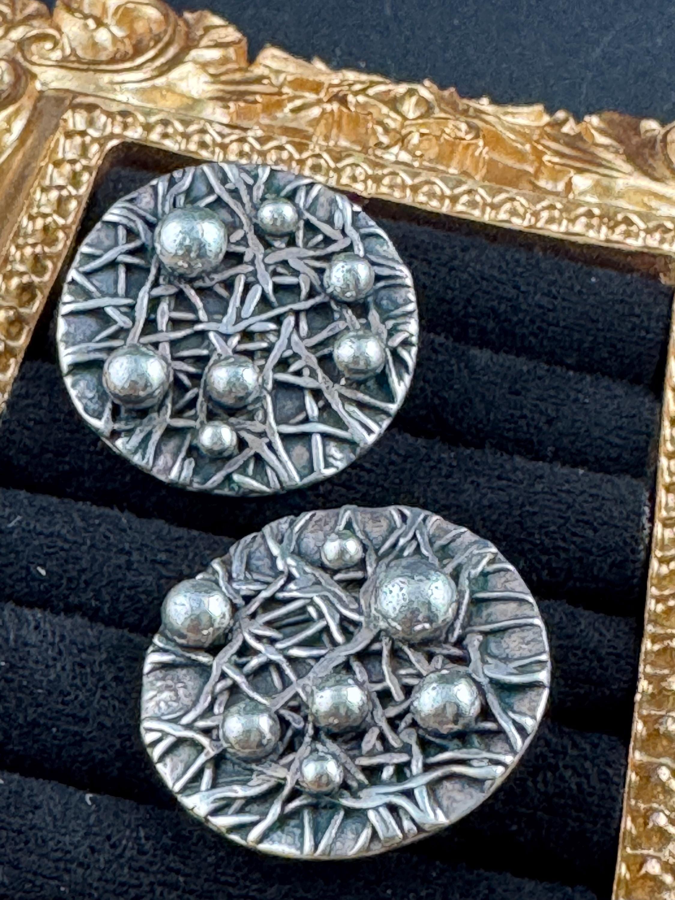 925 silver brutalist textured round earrings , modernist pierced studs fully hallmarked
