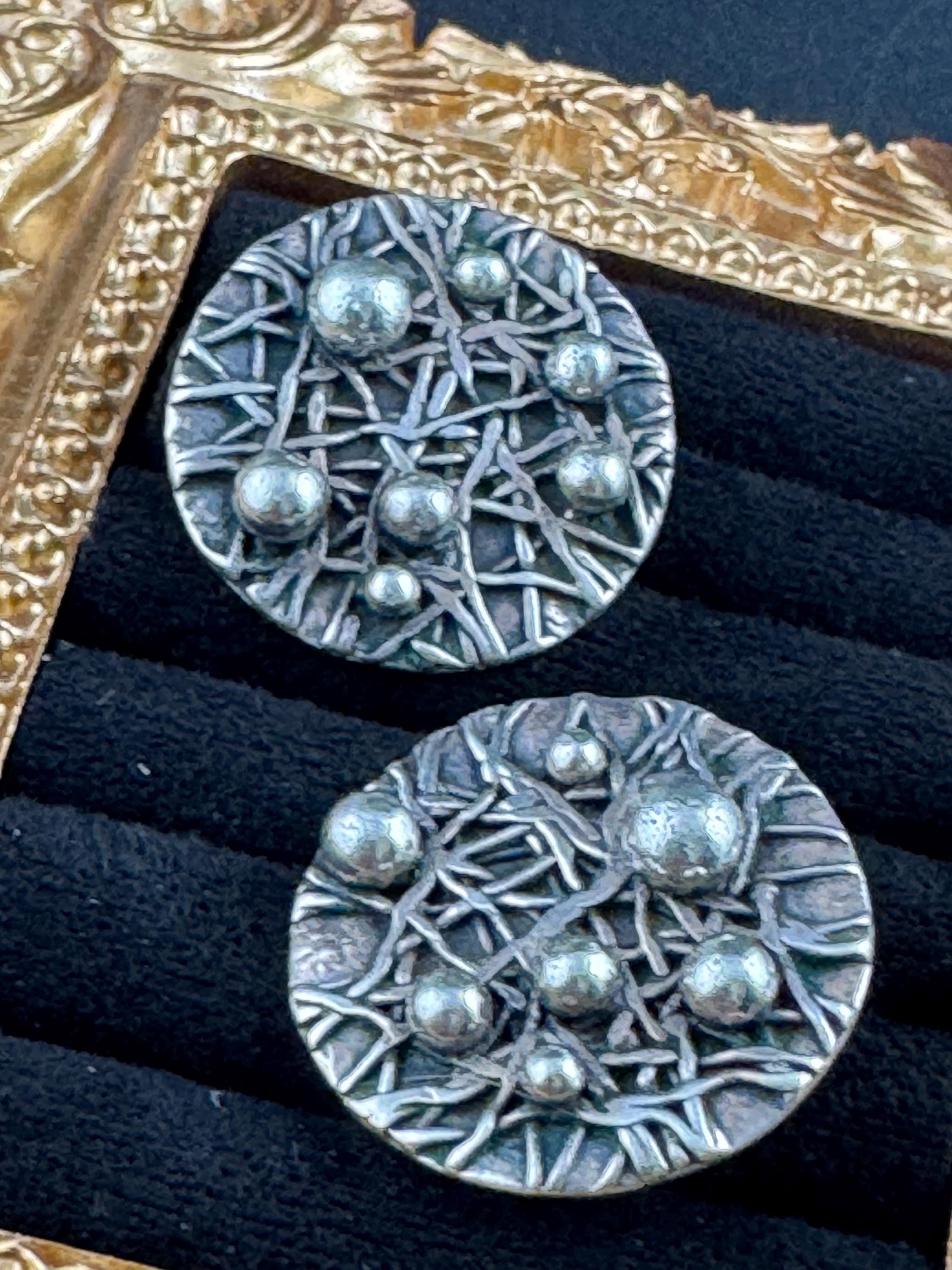 925 silver brutalist textured round earrings , modernist pierced studs fully hallmarked