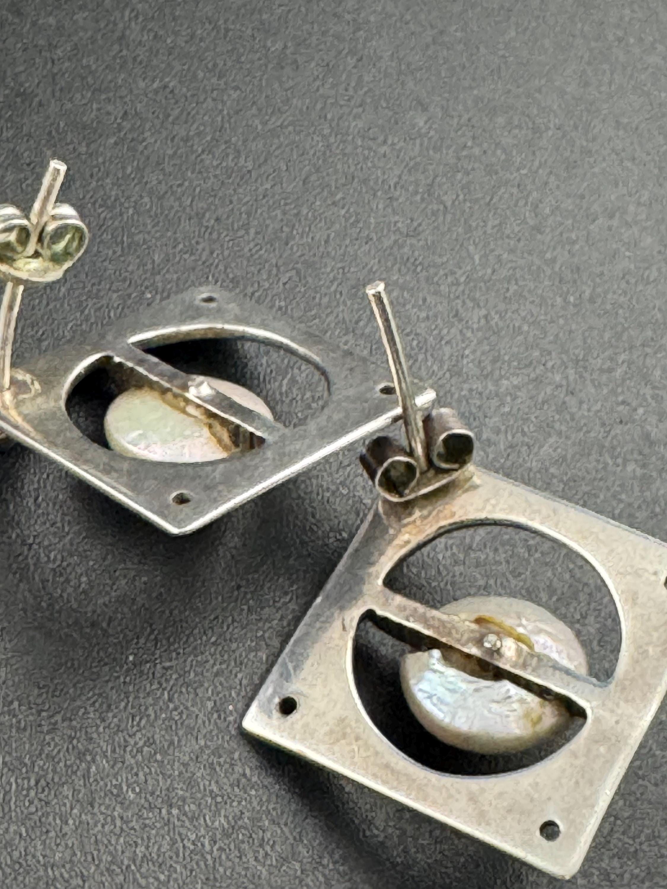 Tested silver artisan natural pearl brutalist square earrings 925, modernist pierced studs