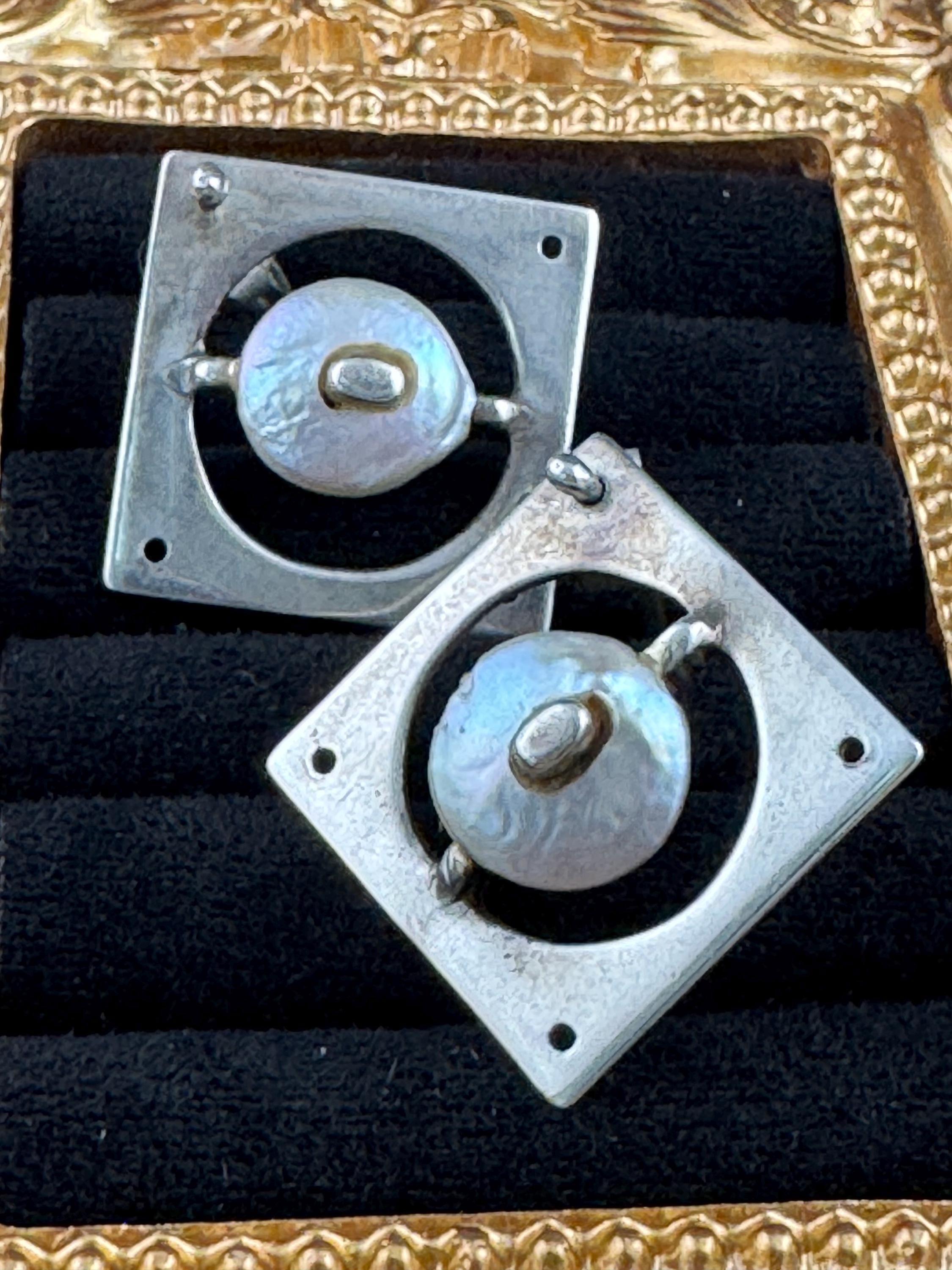 Tested silver artisan natural pearl brutalist square earrings 925, modernist pierced studs