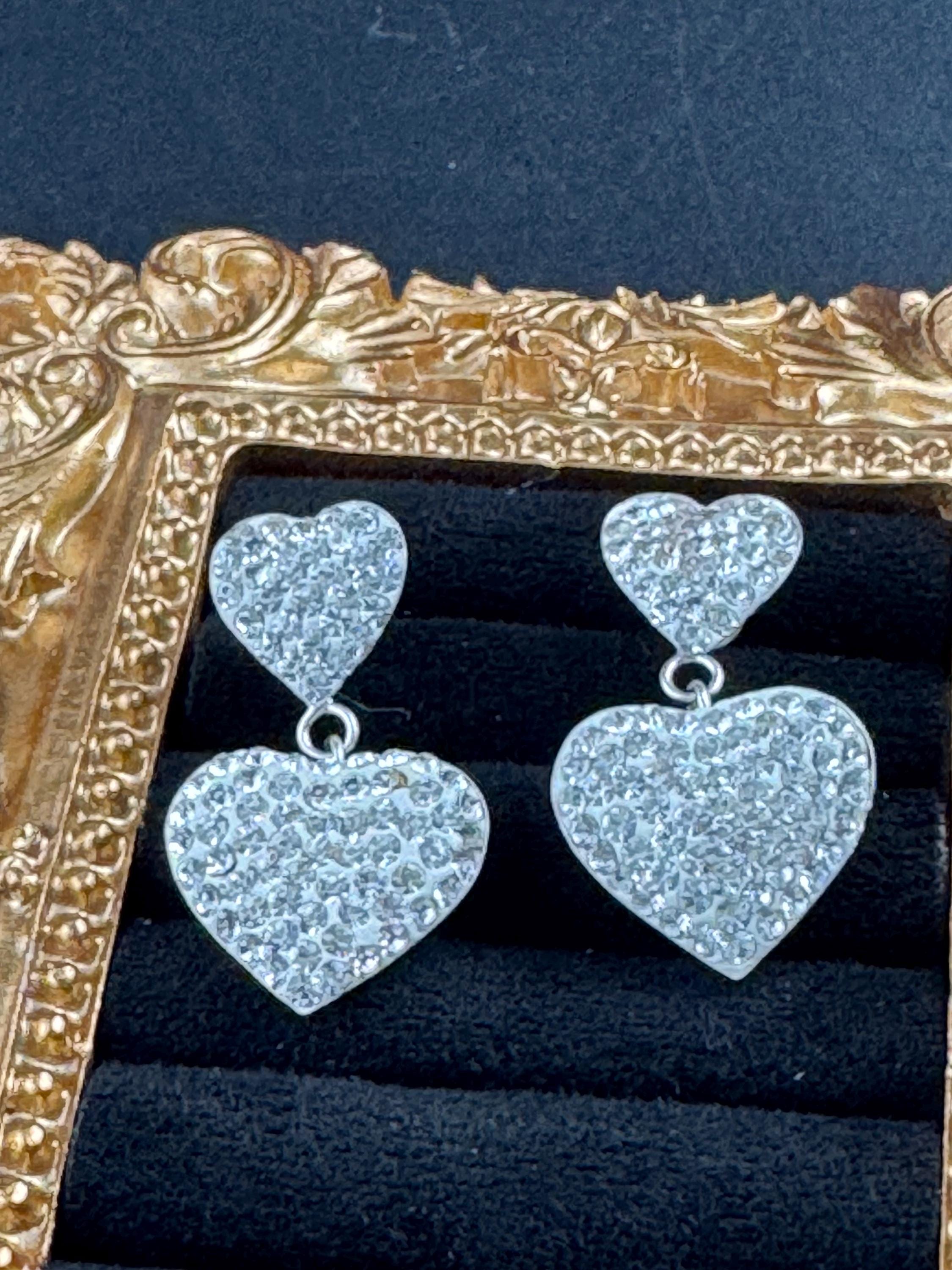 Vintage clear rhinestone diamanté dangly drop pierced heart earrings , silver tone