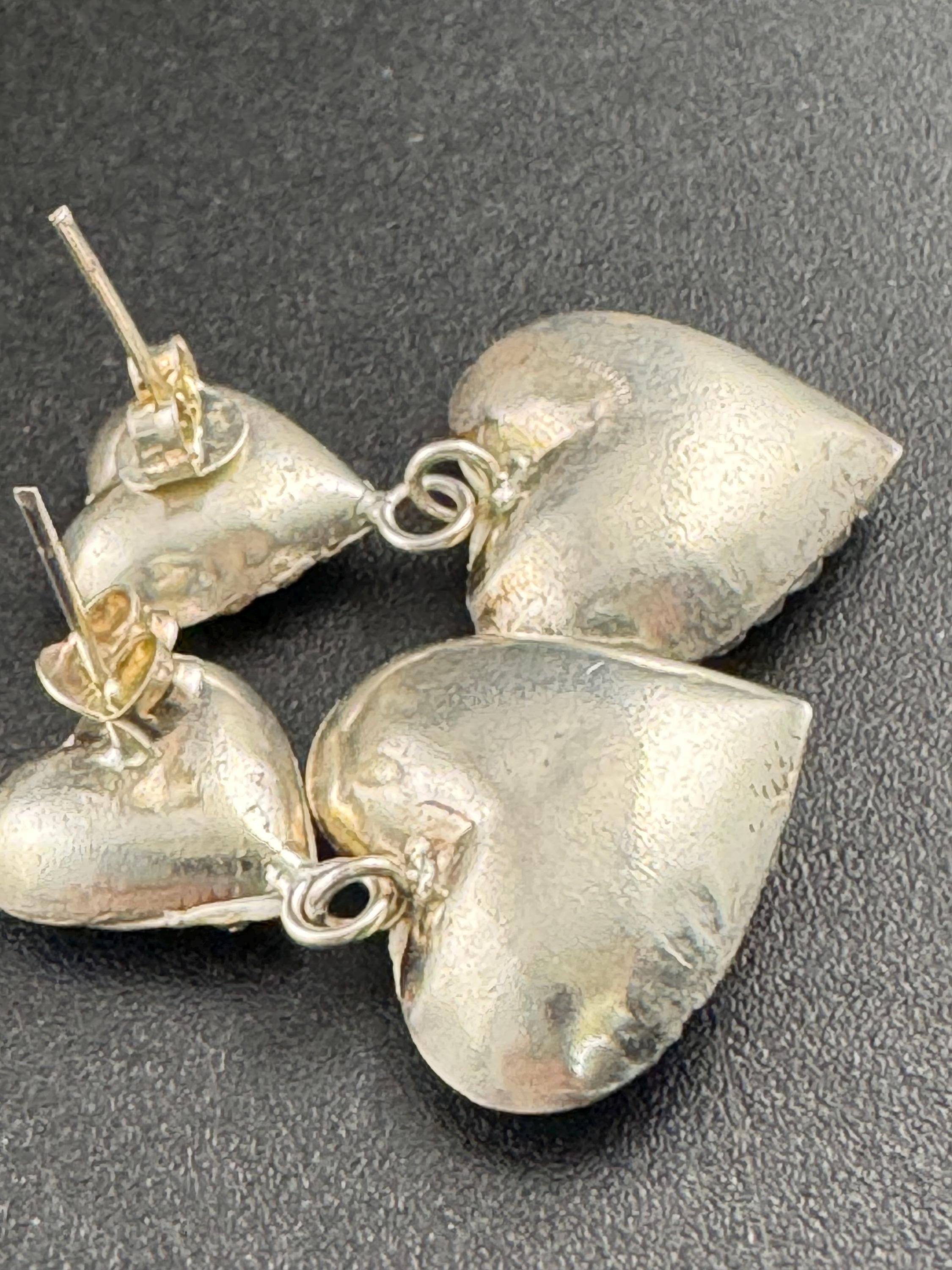 Vintage clear rhinestone diamanté dangly drop pierced heart earrings , silver tone