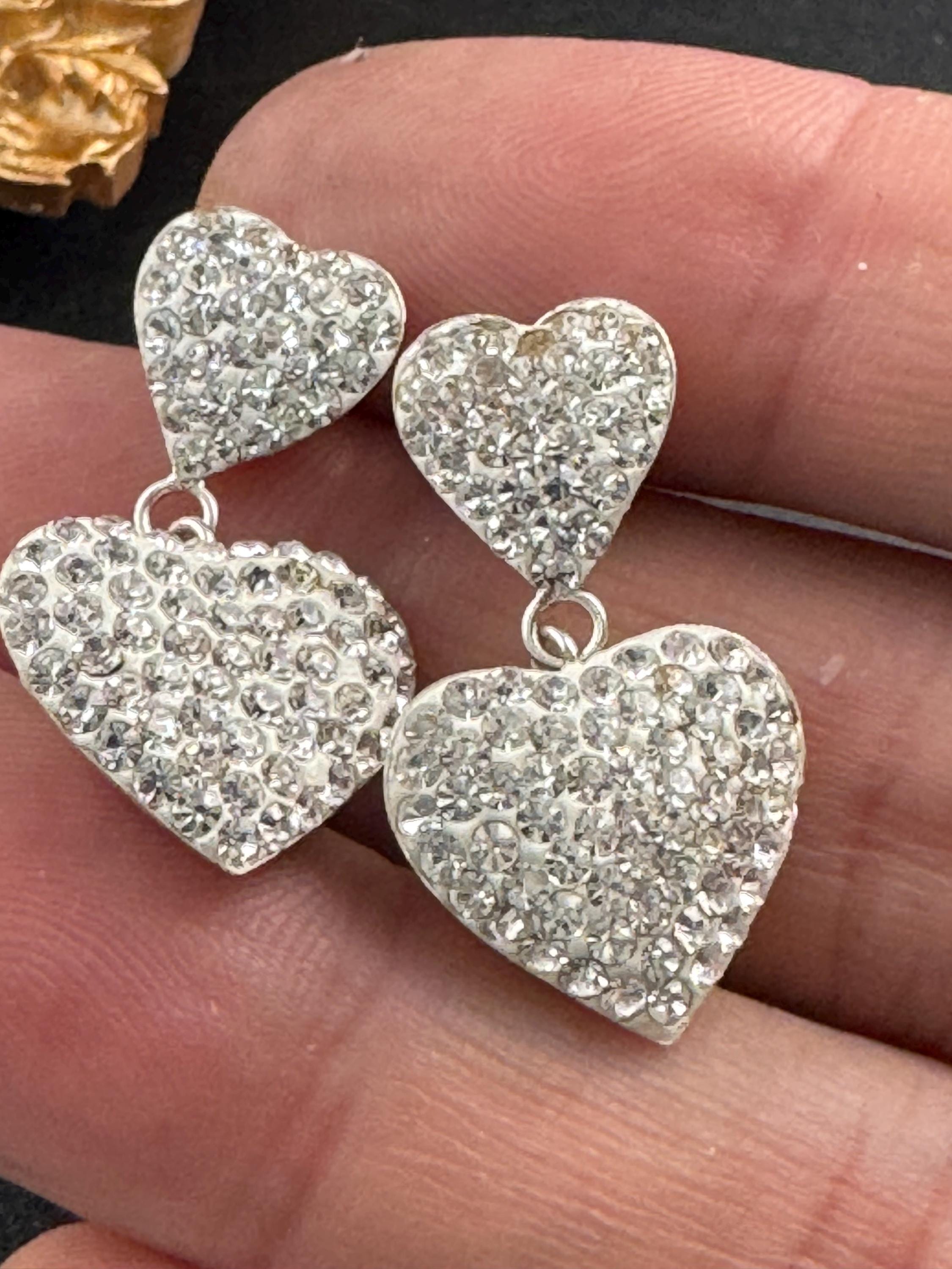 Vintage clear rhinestone diamanté dangly drop pierced heart earrings , silver tone