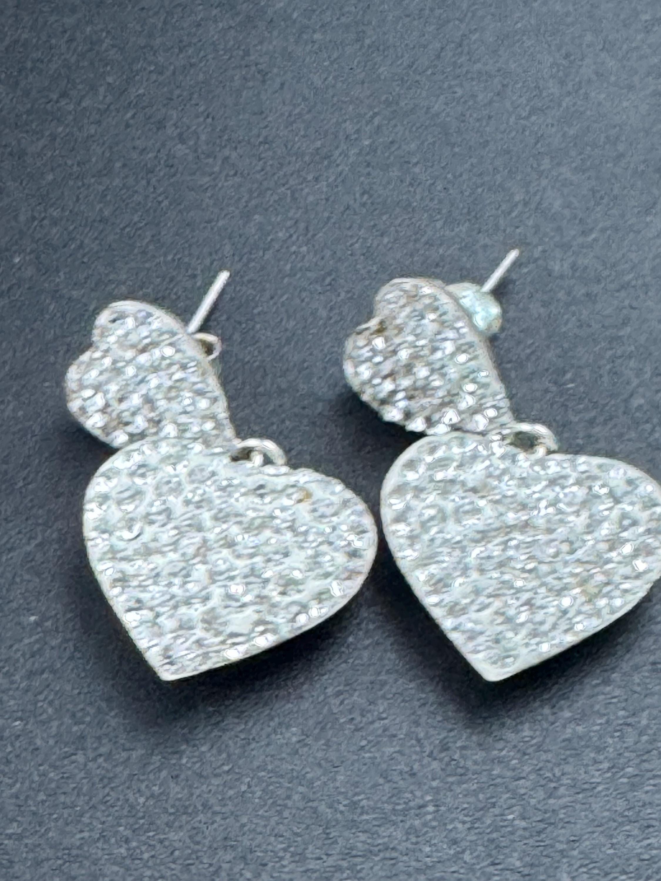 Vintage clear rhinestone diamanté dangly drop pierced heart earrings , silver tone