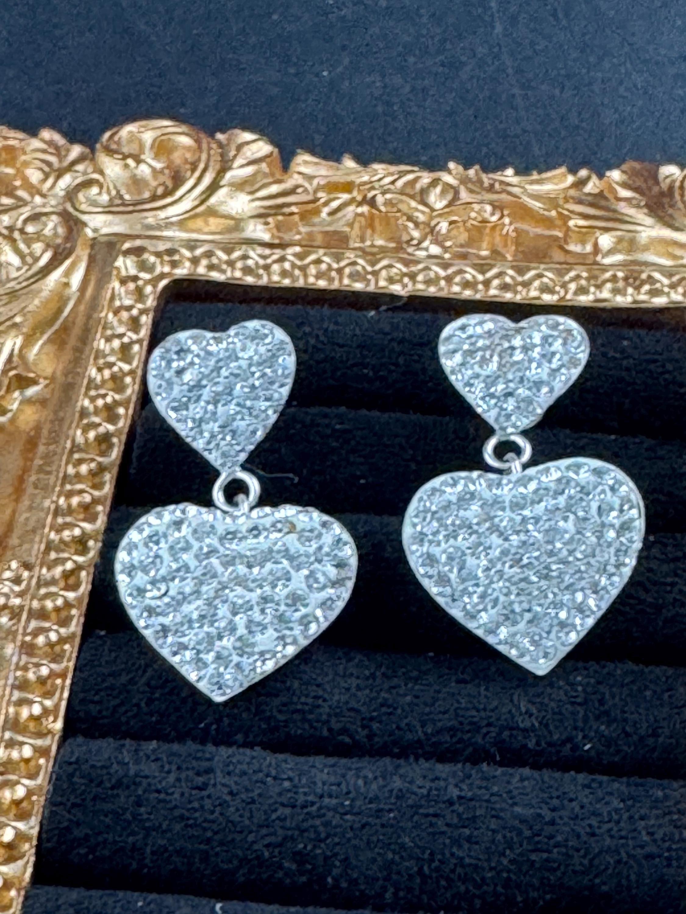 Vintage clear rhinestone diamanté dangly drop pierced heart earrings , silver tone