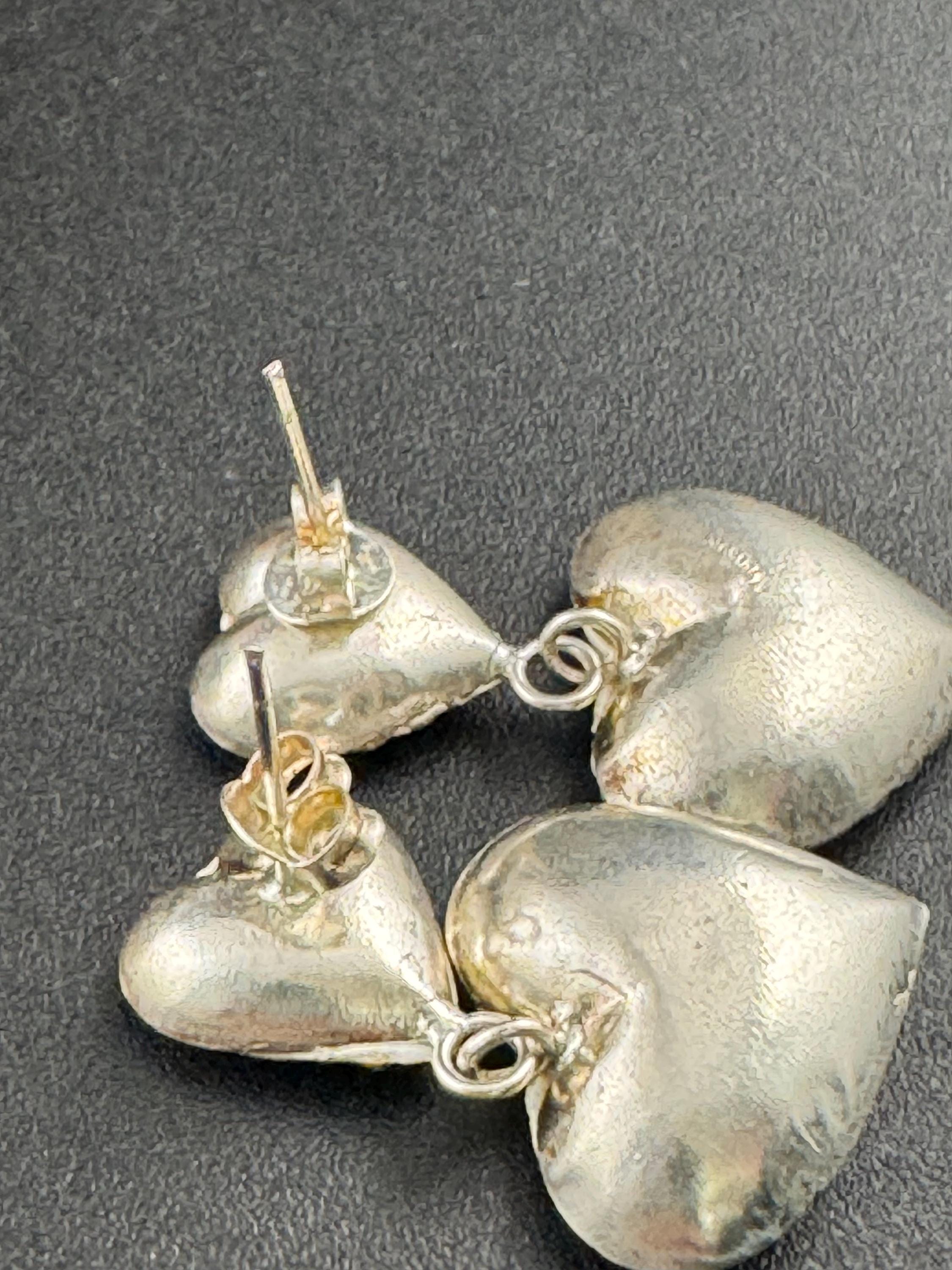 Vintage clear rhinestone diamanté dangly drop pierced heart earrings , silver tone