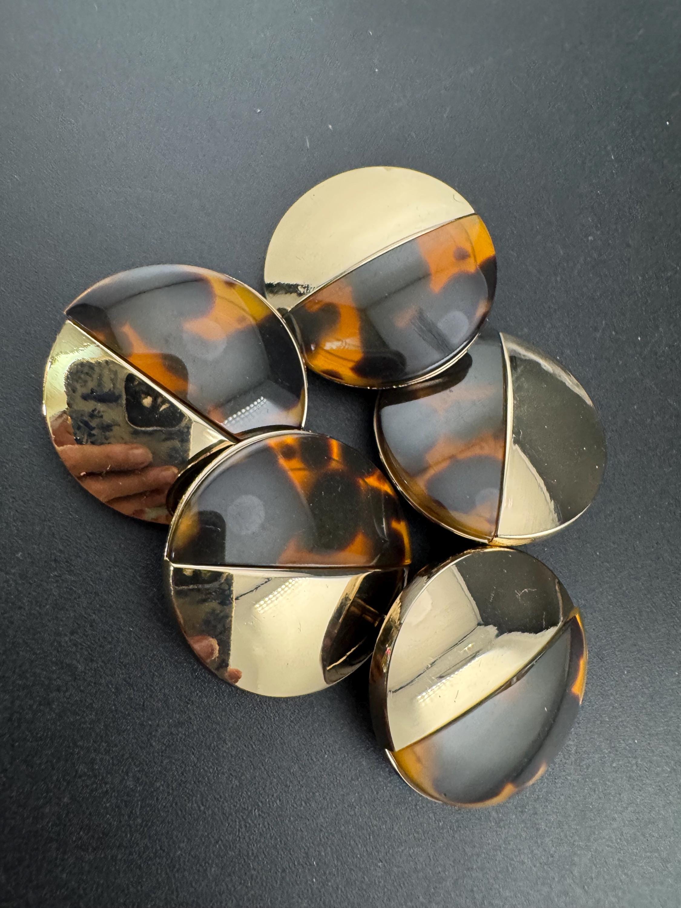 30mm Tortoiseshell Buttons, Gold & Brown Acrylic metal 5 pieces