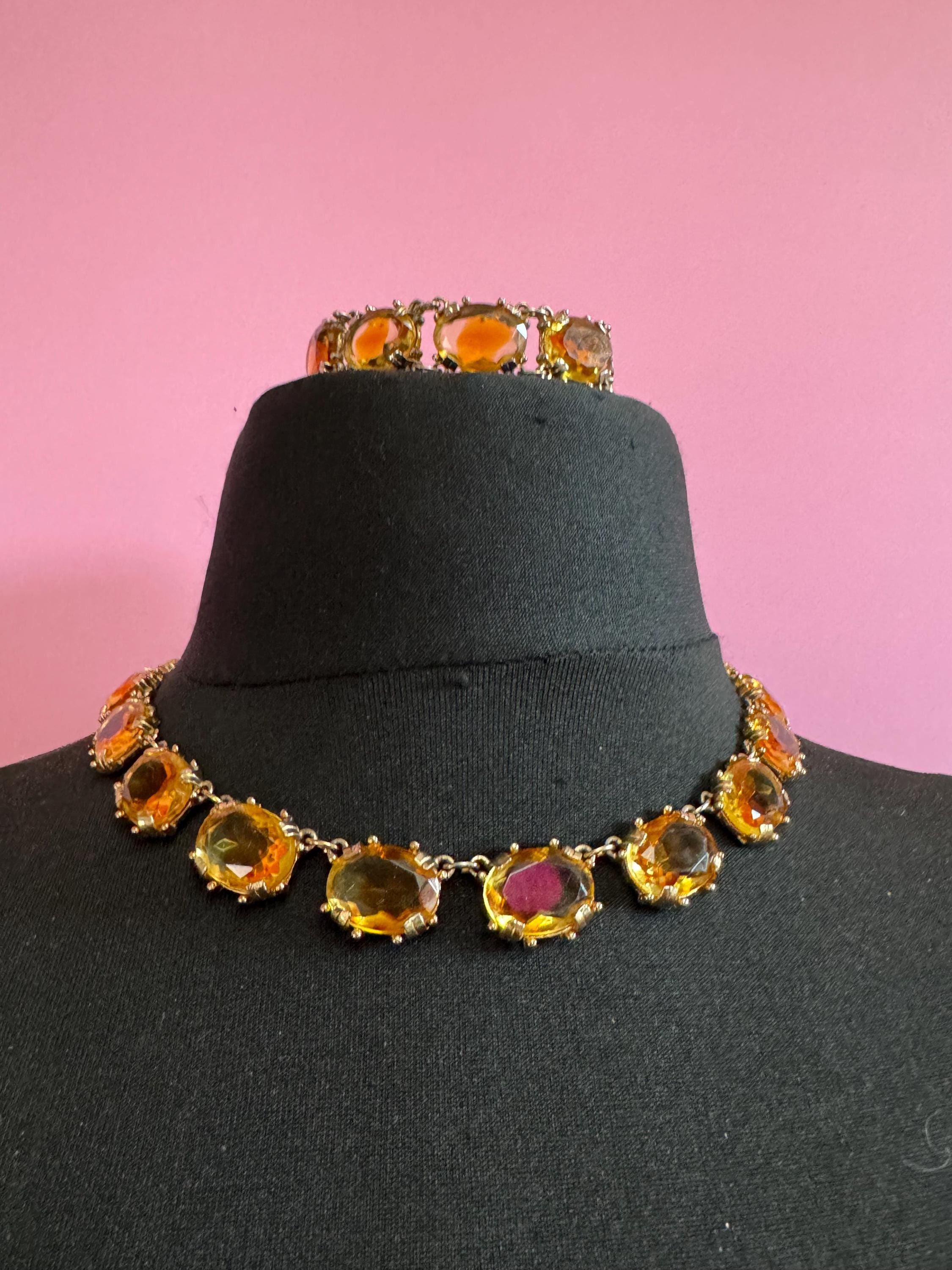 Vintage Citrine orange Glass Necklace and Bracelet Set