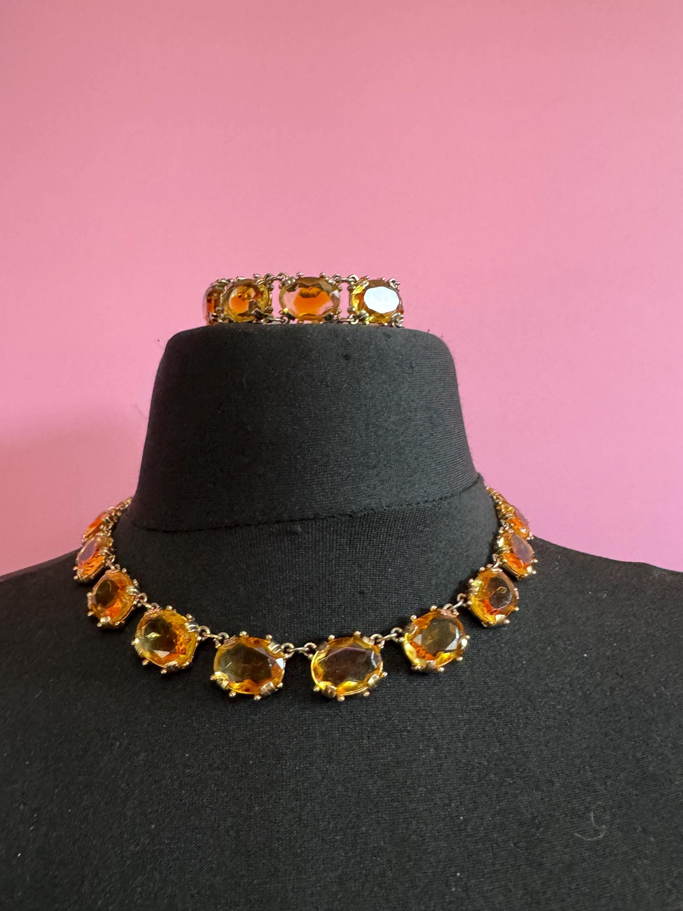 Vintage Citrine orange Glass Necklace and Bracelet Set