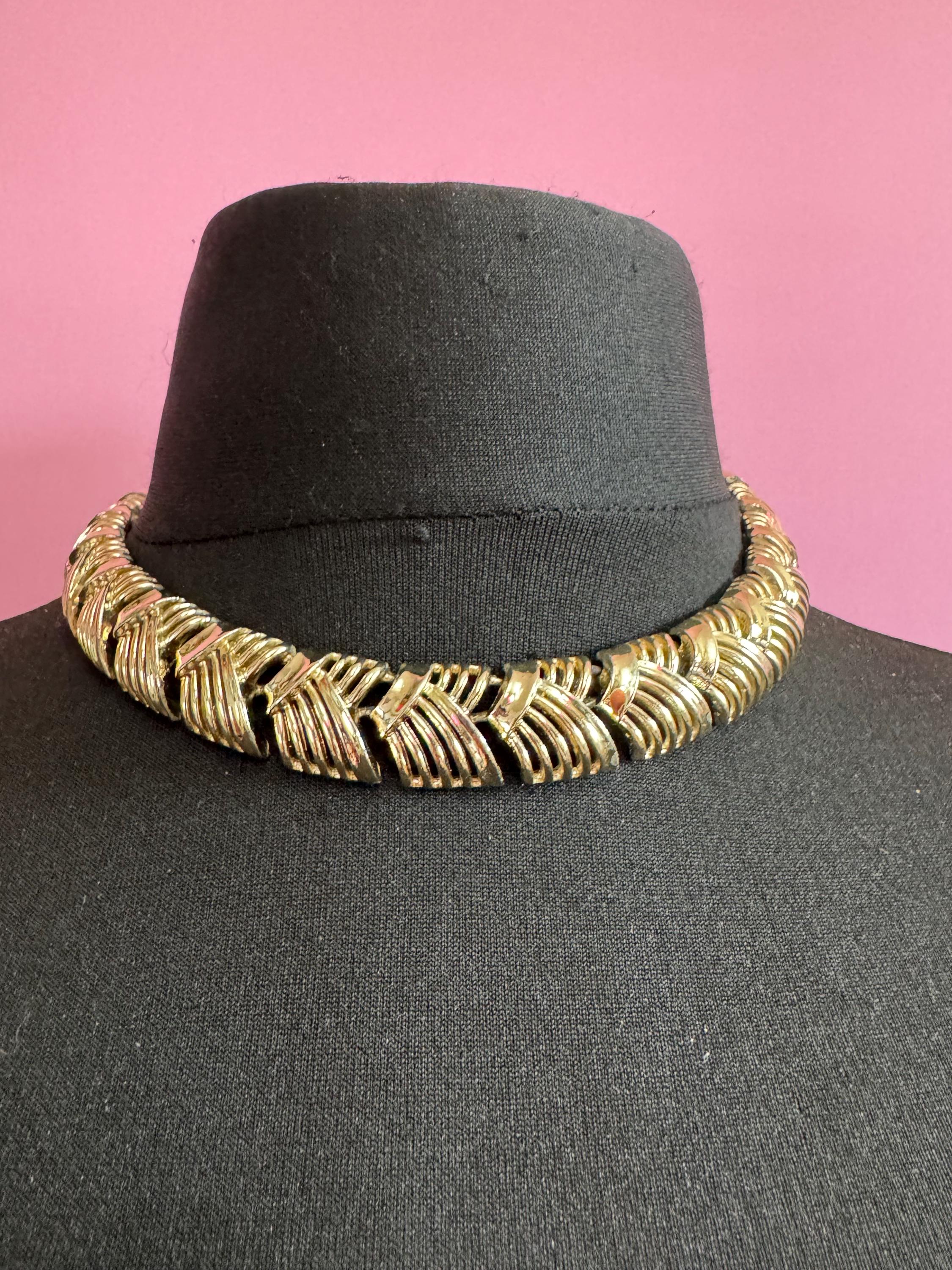 Vintage geometric panel Link choker necklace with wear, as found gold tone