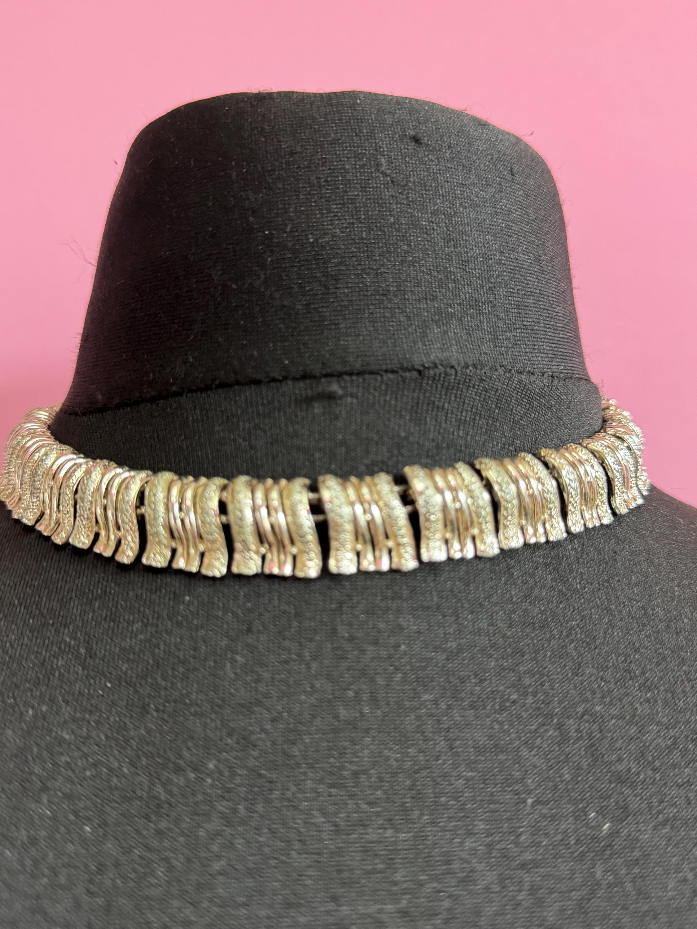 Vintage wide panel Link choker necklace, silver tone 1950s
