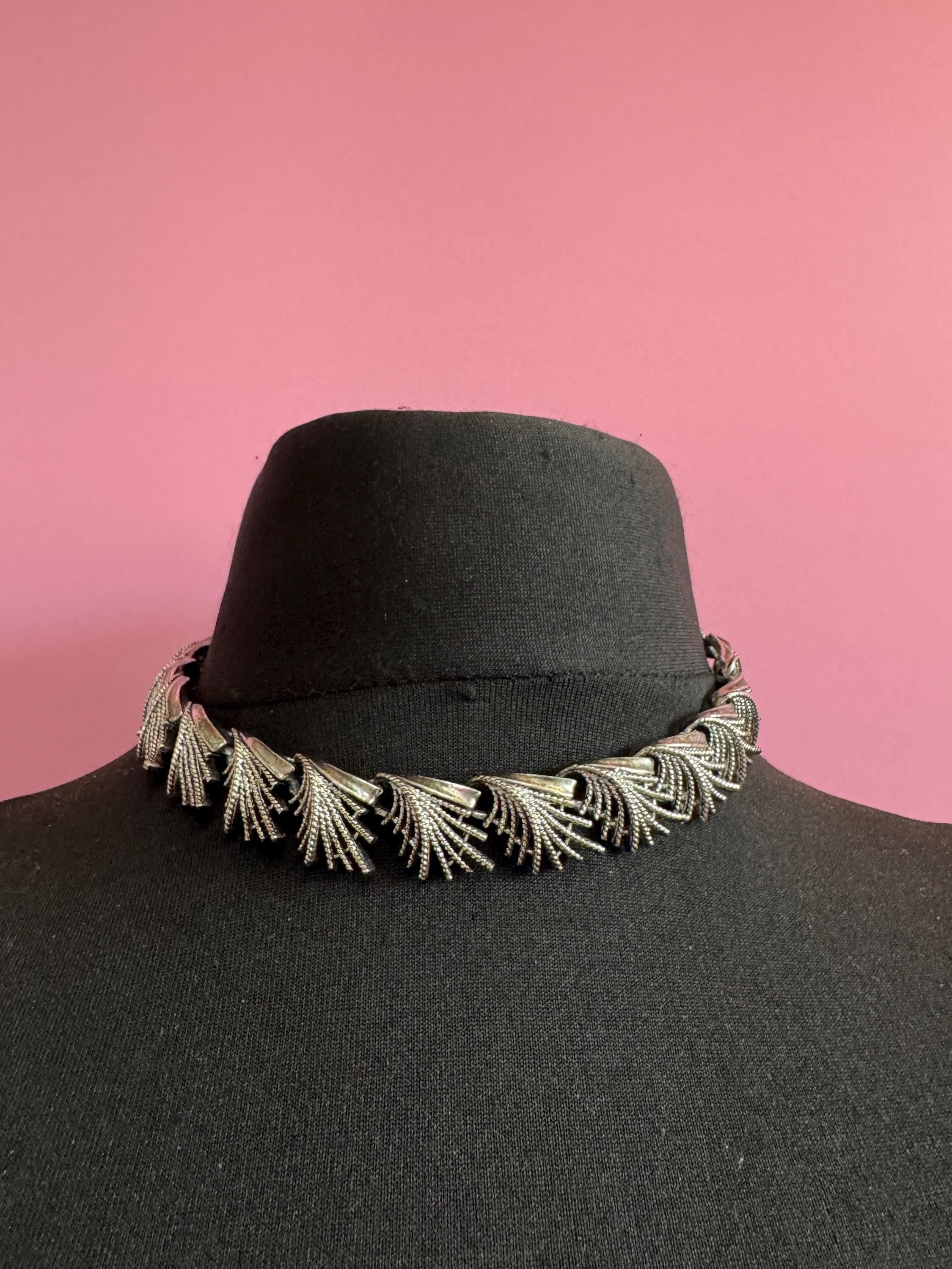 Vintage wide panel Link choker necklace, silver tone 1950s