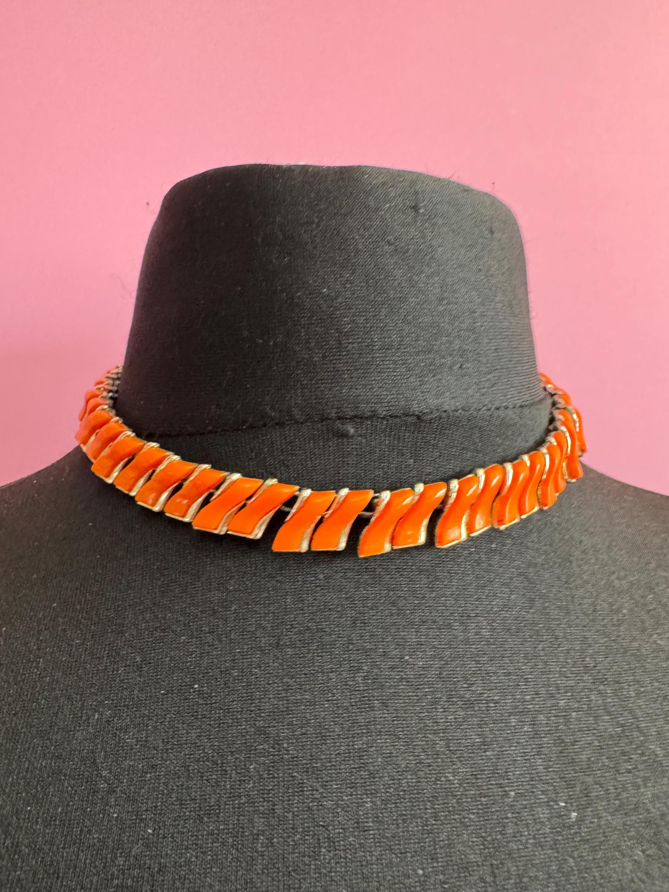 Vintage Orange panel link collar necklace, 50s thermoset plastic