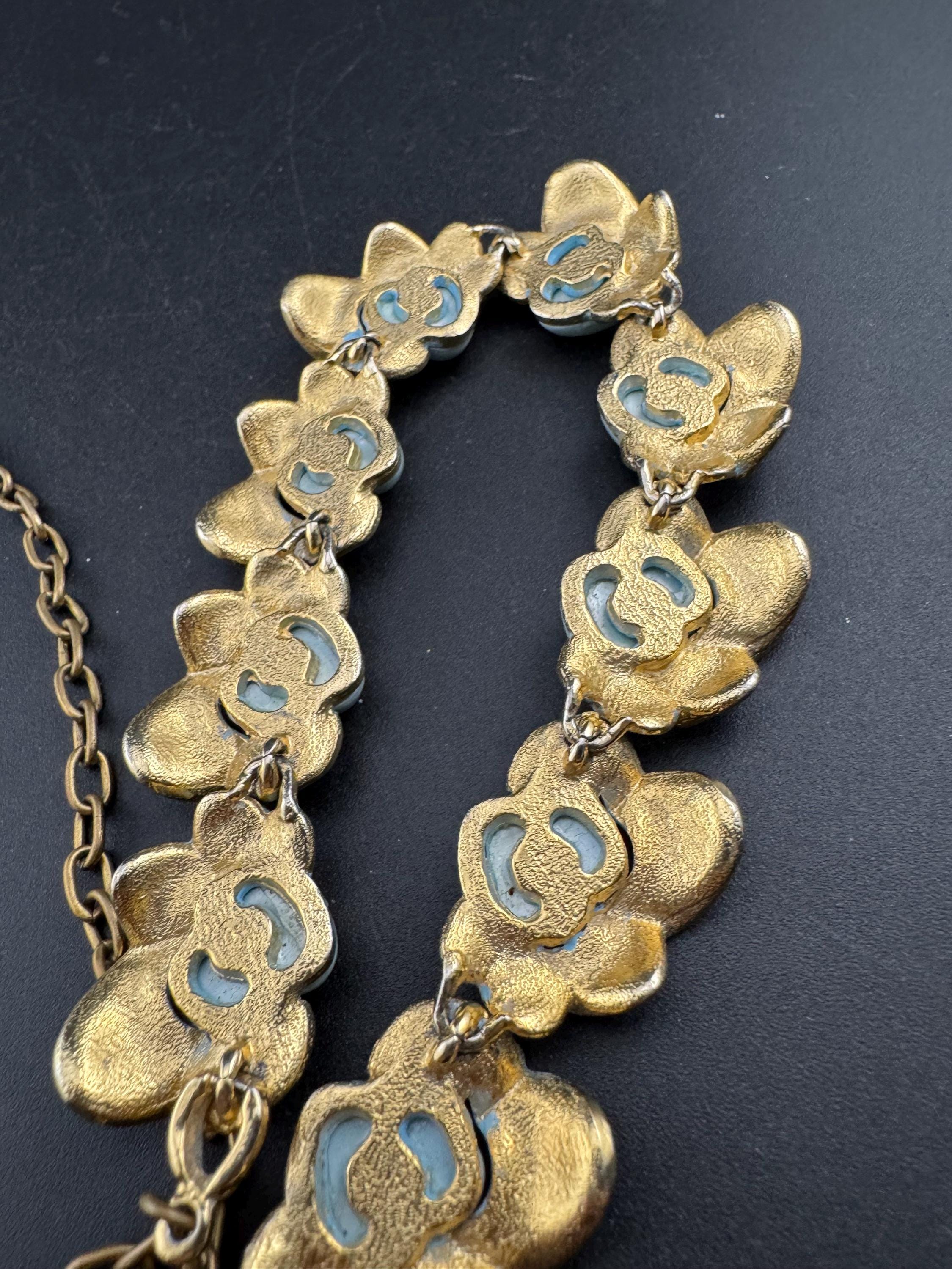 Vintage baby blue enamel panel link choker necklace 42cm, gold tone 50s