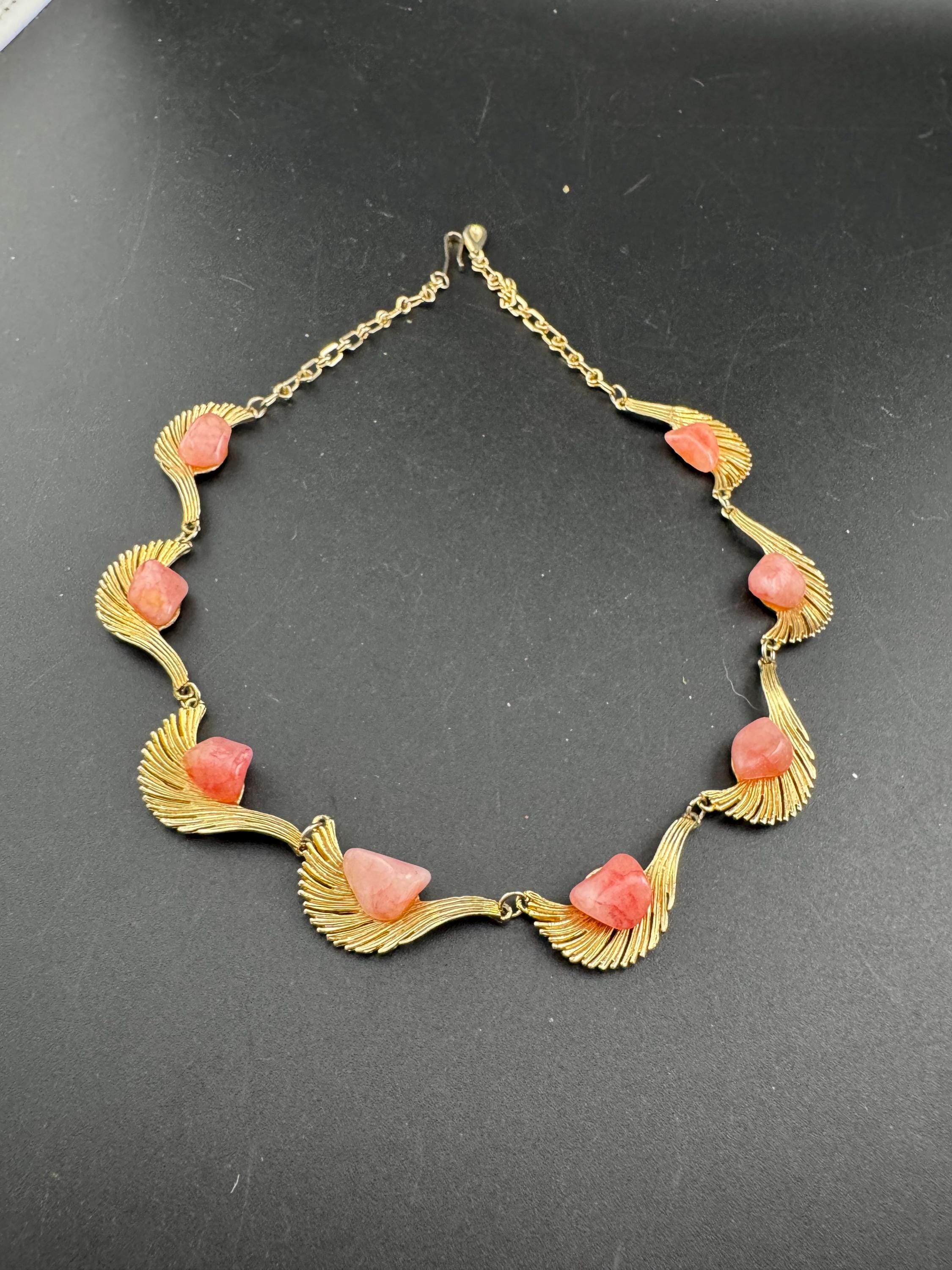 Vintage pink gemstone set panel link choker necklace, gold tone