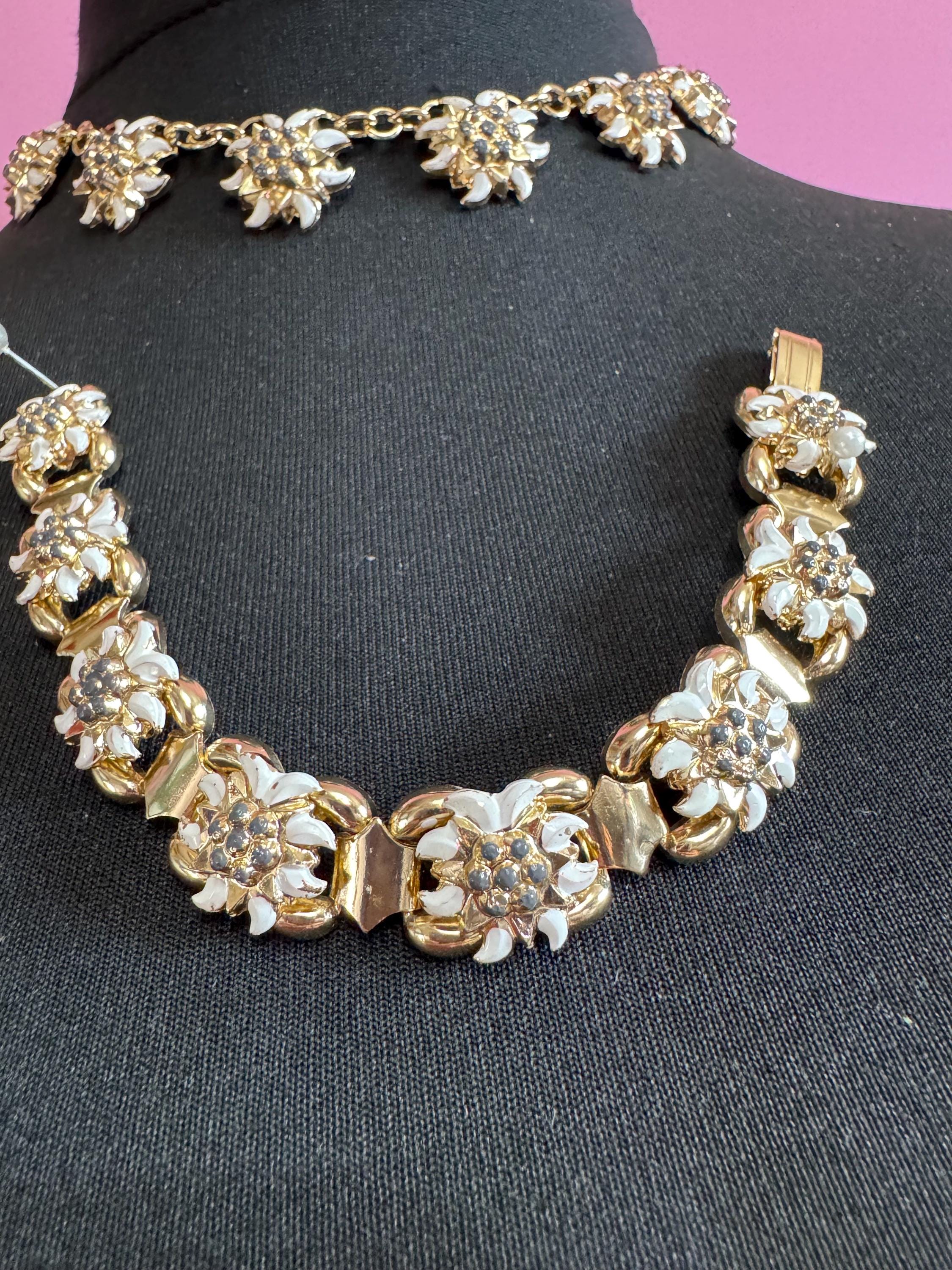 Vintage eidelweiss Eloxal necklace and bracelet set, aluminium gold tone jewellery set